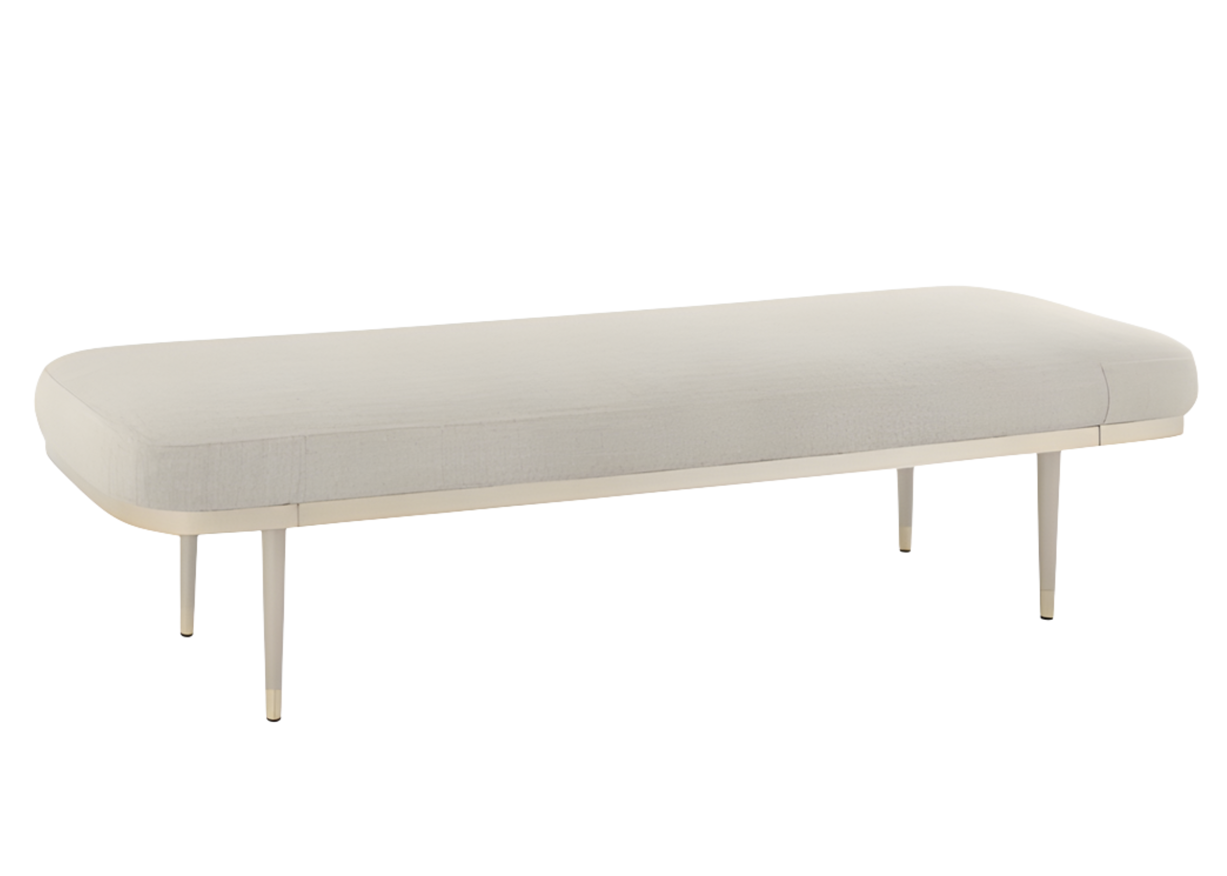 Recamier Calla revestido em tecido off-white com base champagne, unindo conforto, elegância e sofisticação ao ambiente.