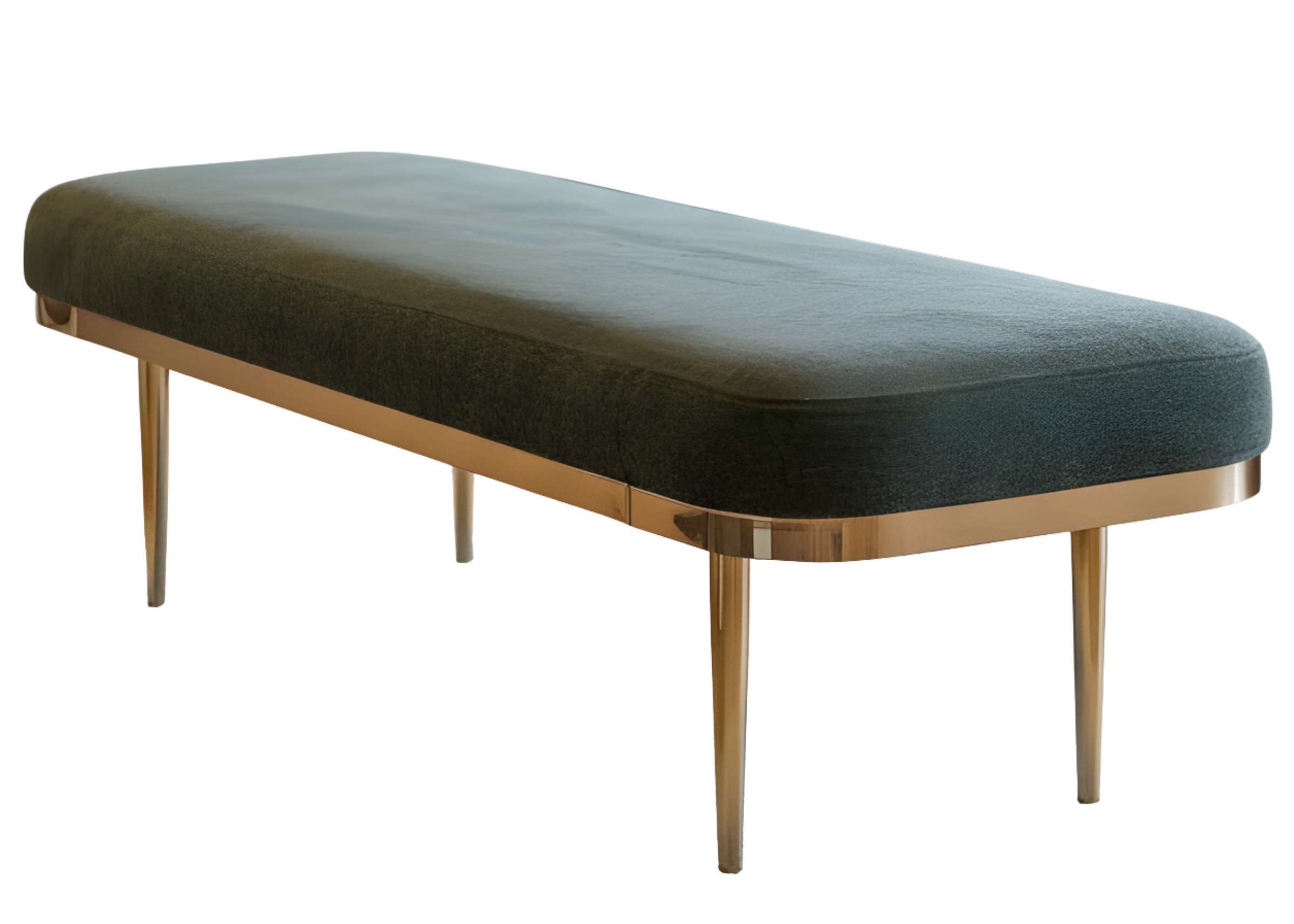 Recamier Calla revestido em veludo verde com base dourada, combinando luxo, conforto e sofisticação para o ambiente.