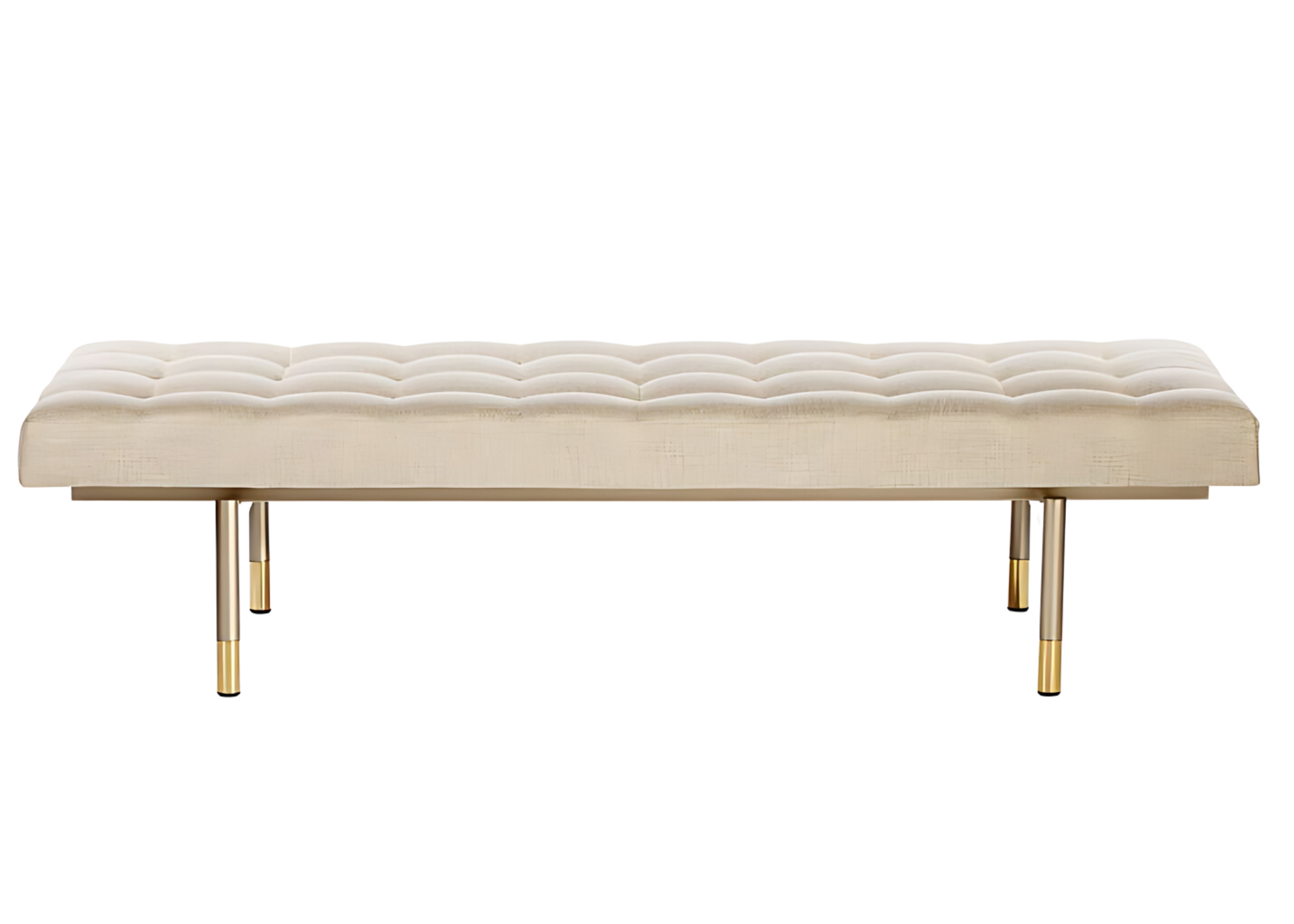 Recamier Havena com base dourada e estofamento em tecido off-white, combinando elegância, conforto e sofisticação ao ambiente.