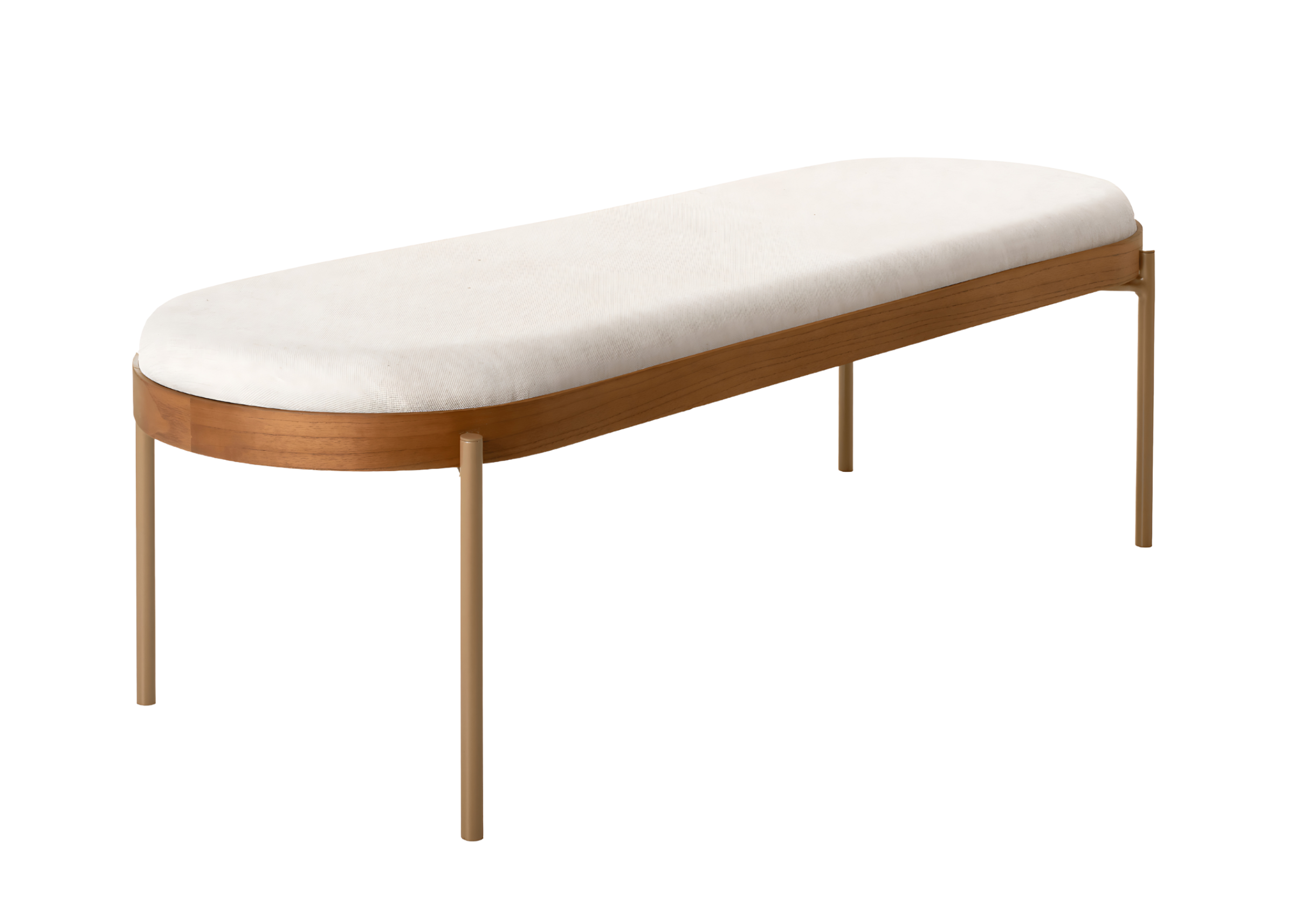 Recamier modelo Lancer com base em madeira e formato oblongo. Design contemporâneo e sofisticado, ideal para composições elegantes, apresentado sobre fundo neutro.