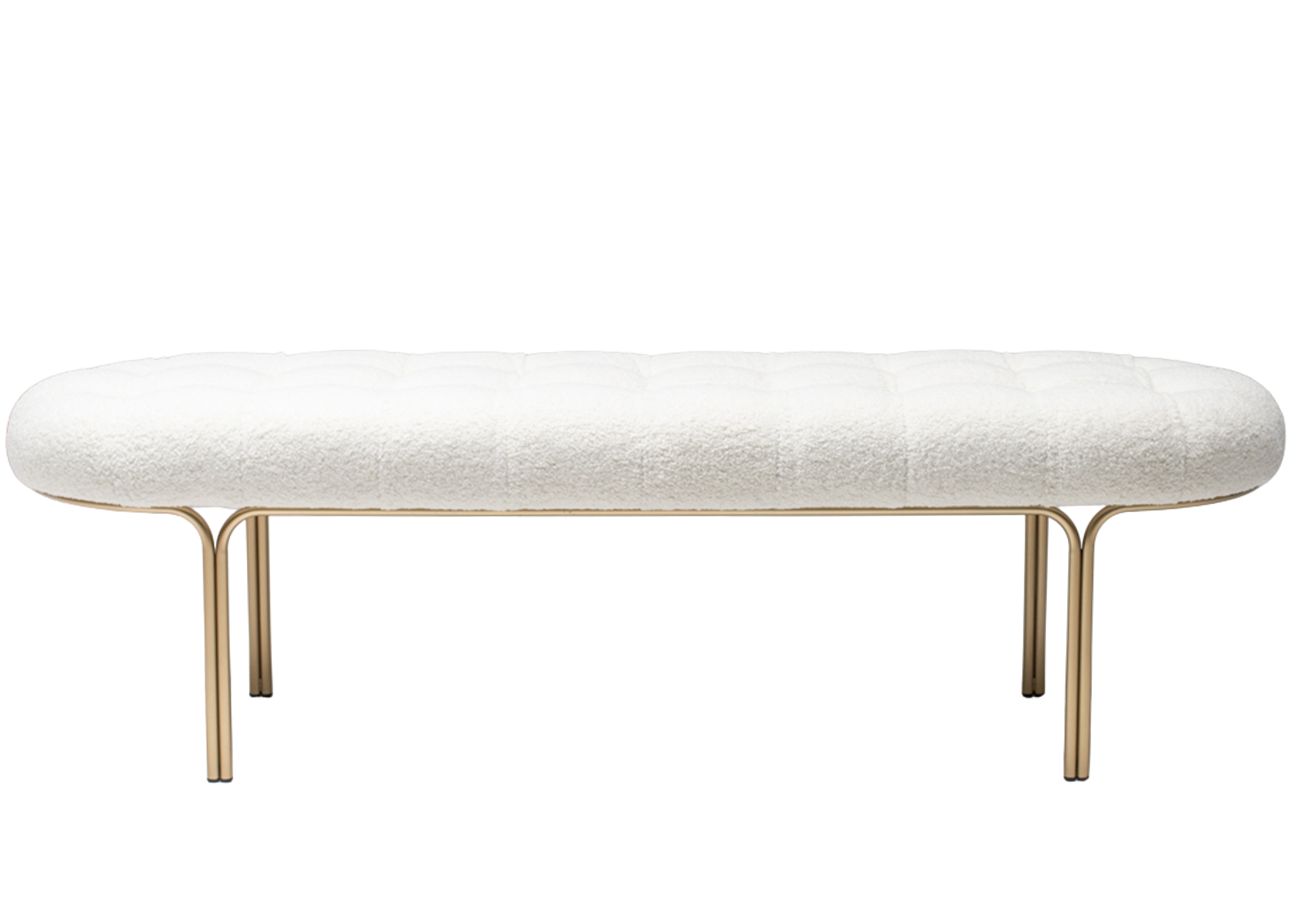 Recamier luxuoso com cantos arredondados, base em inox dourado e revestimento em bouclé branco, peça sofisticada para decoração de ambientes elegantes.