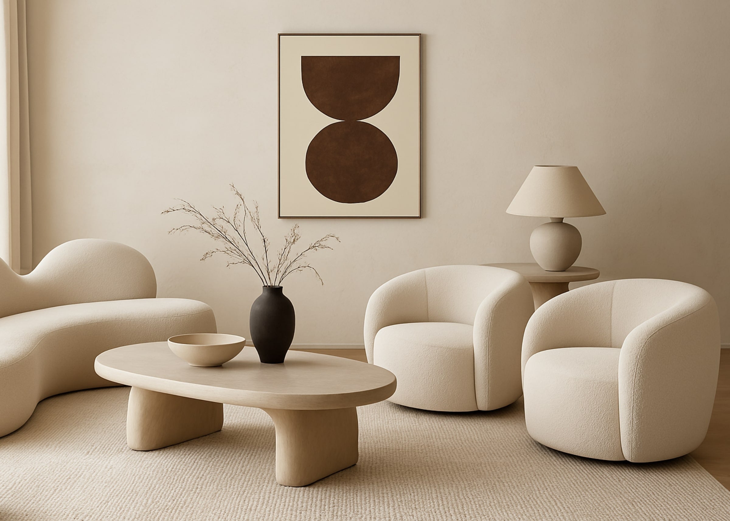 Sala de estar moderna com duas poltronas giratórias orgânicas Ema estofadas. Acompanhadas por mesas auxiliares, compõem uma decoração luxuosa e sofisticada.