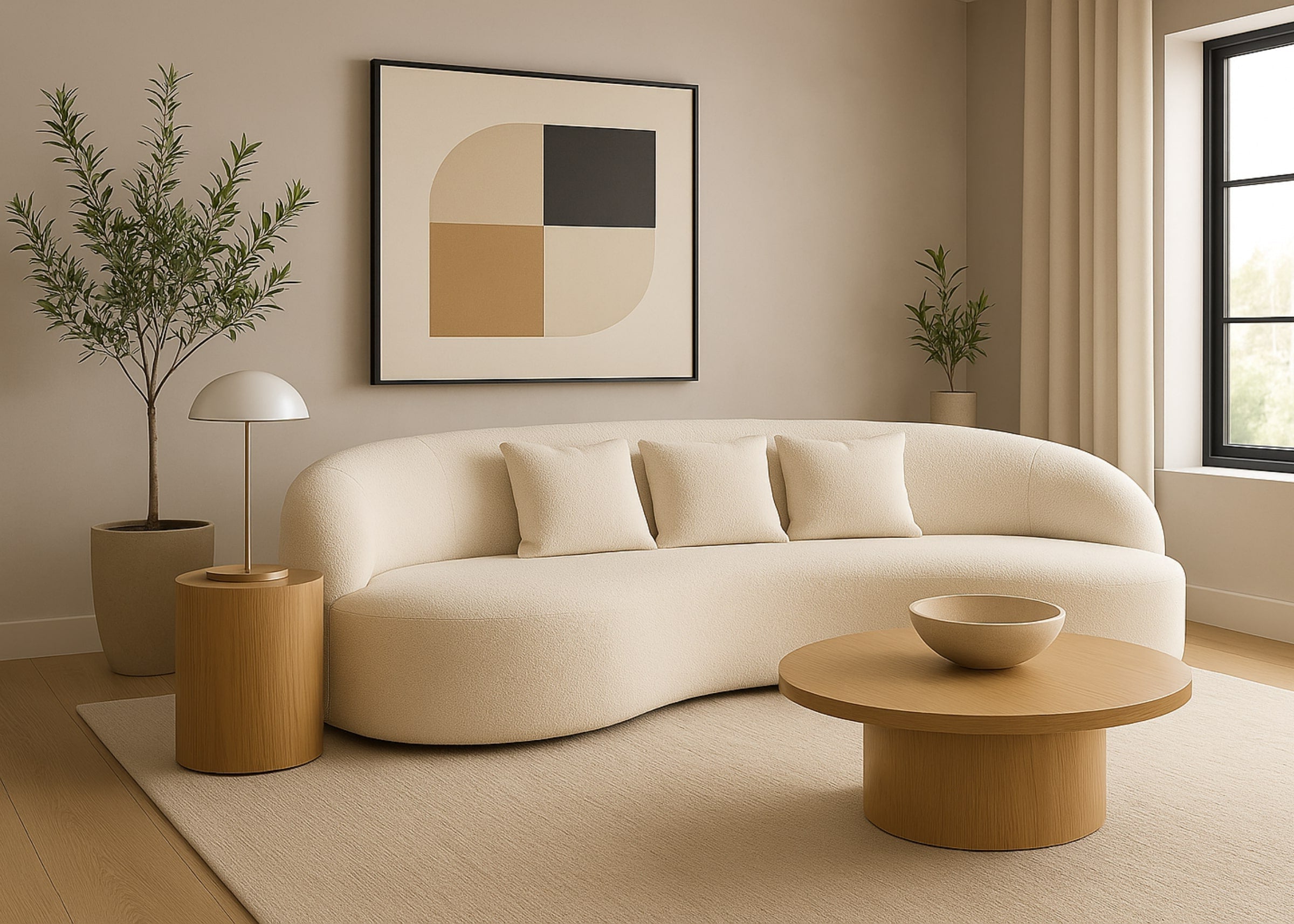 Sala de estar moderna com sofá orgânico de bouclê na cor bege acompanhado de mesas auxiliares cilíndricas de madeira. O ambiente é decorado com uma pintura abstrata em tons neutros e duas plantas verdes, criando uma atmosfera contemporânea e aconchegante.