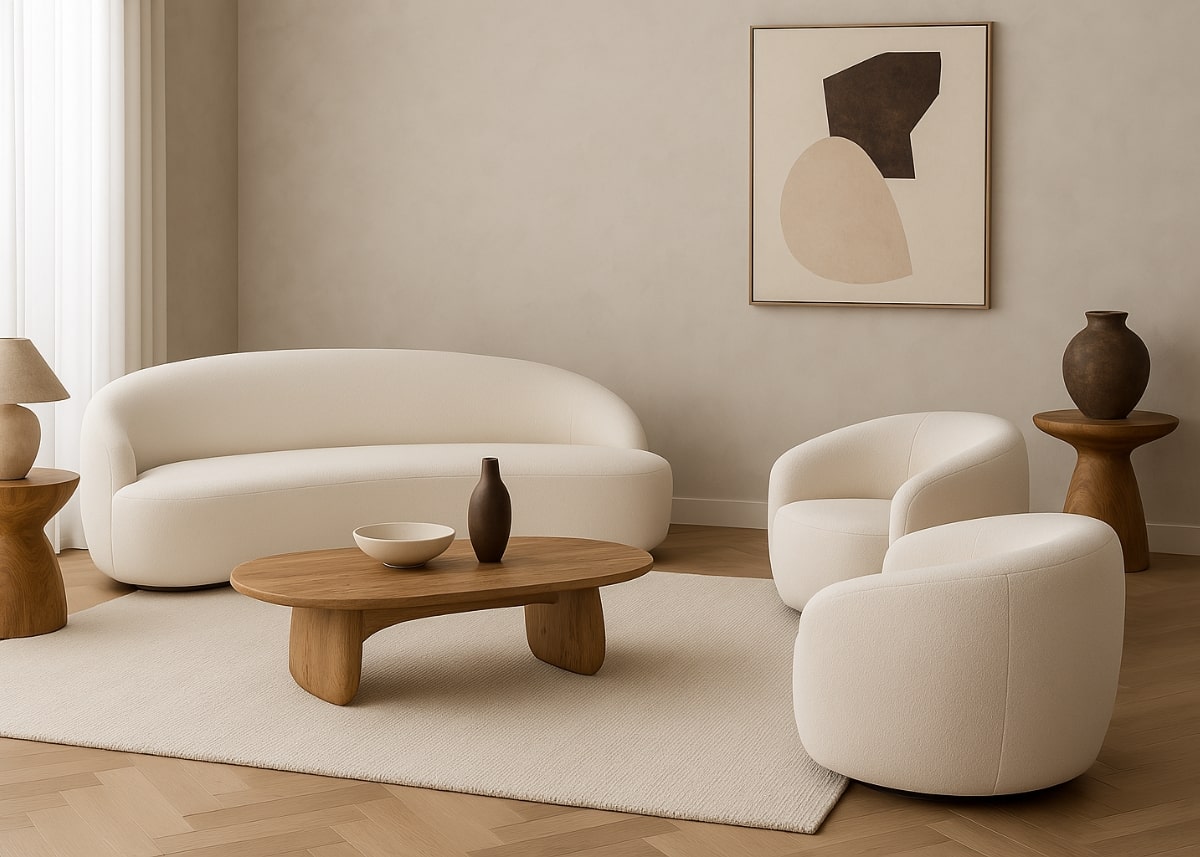 Duas poltronas Ema com linhas orgânicas e base giratória protagonizam esta sala de estar contemporânea. A combinação com mesas auxiliares reforça o toque de sofisticação e luxo.