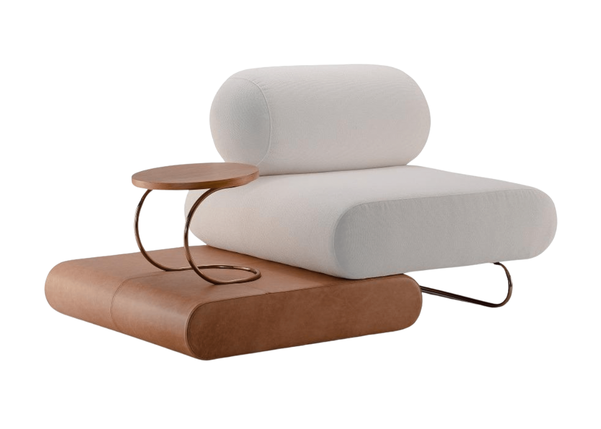 Sofá automatizado em boucle branco, modelo Amaya, perfeito para sala de estar, unindo conforto e design contemporâneo.