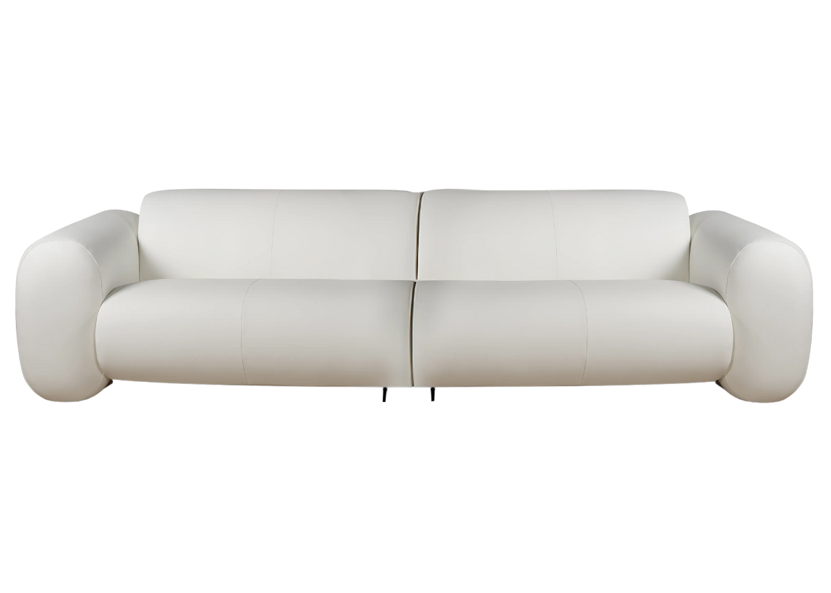 Sofá fixo Belleza em couro natural, com design contemporâneo, linhas retas e pés metálicos. Vista frontal sobre fundo neutro, ideal para composições elegantes em salas de estar sofisticadas.
