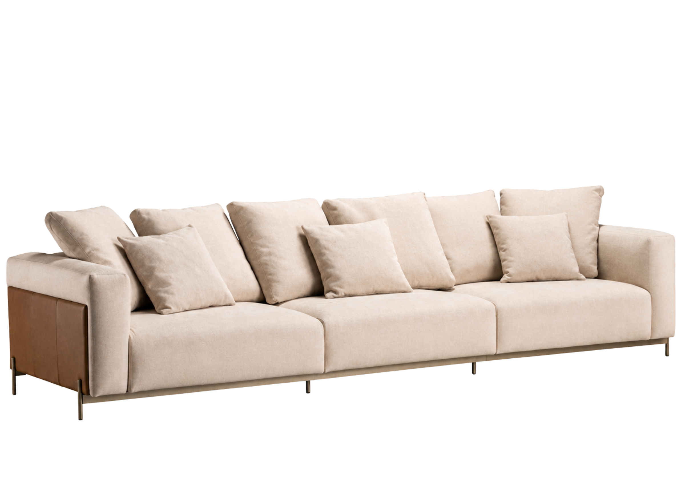 Sofá Adines com base em aço carbono e almofadas decorativas elegantes, apresentando design sofisticado e confortável para compor ambientes modernos e refinados.