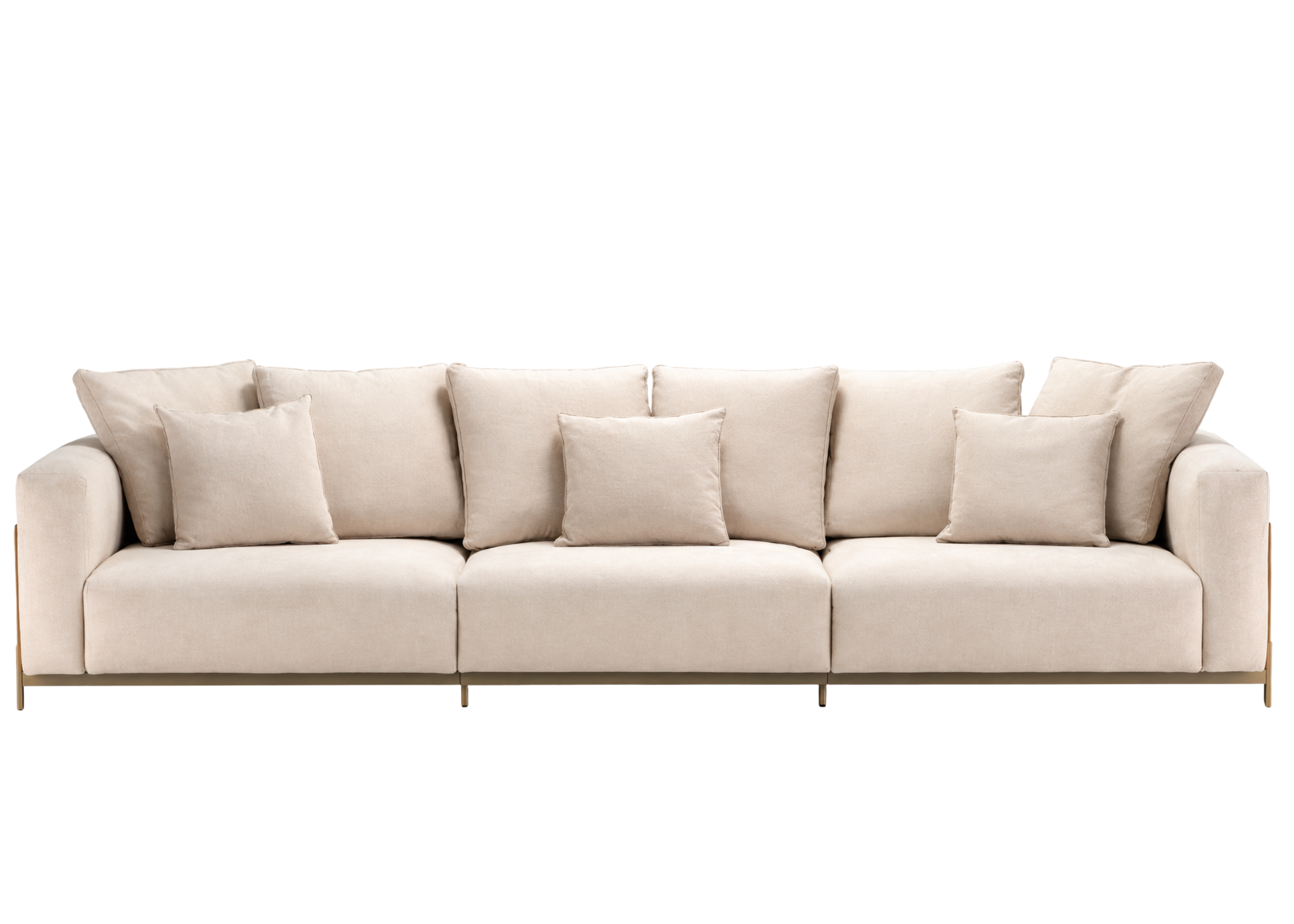 Sofá Adines com conforto extremo, base em aço carbono e revestimento em linho off white, apresentando design sofisticado e elegante para compor ambientes modernos e acolhedores.