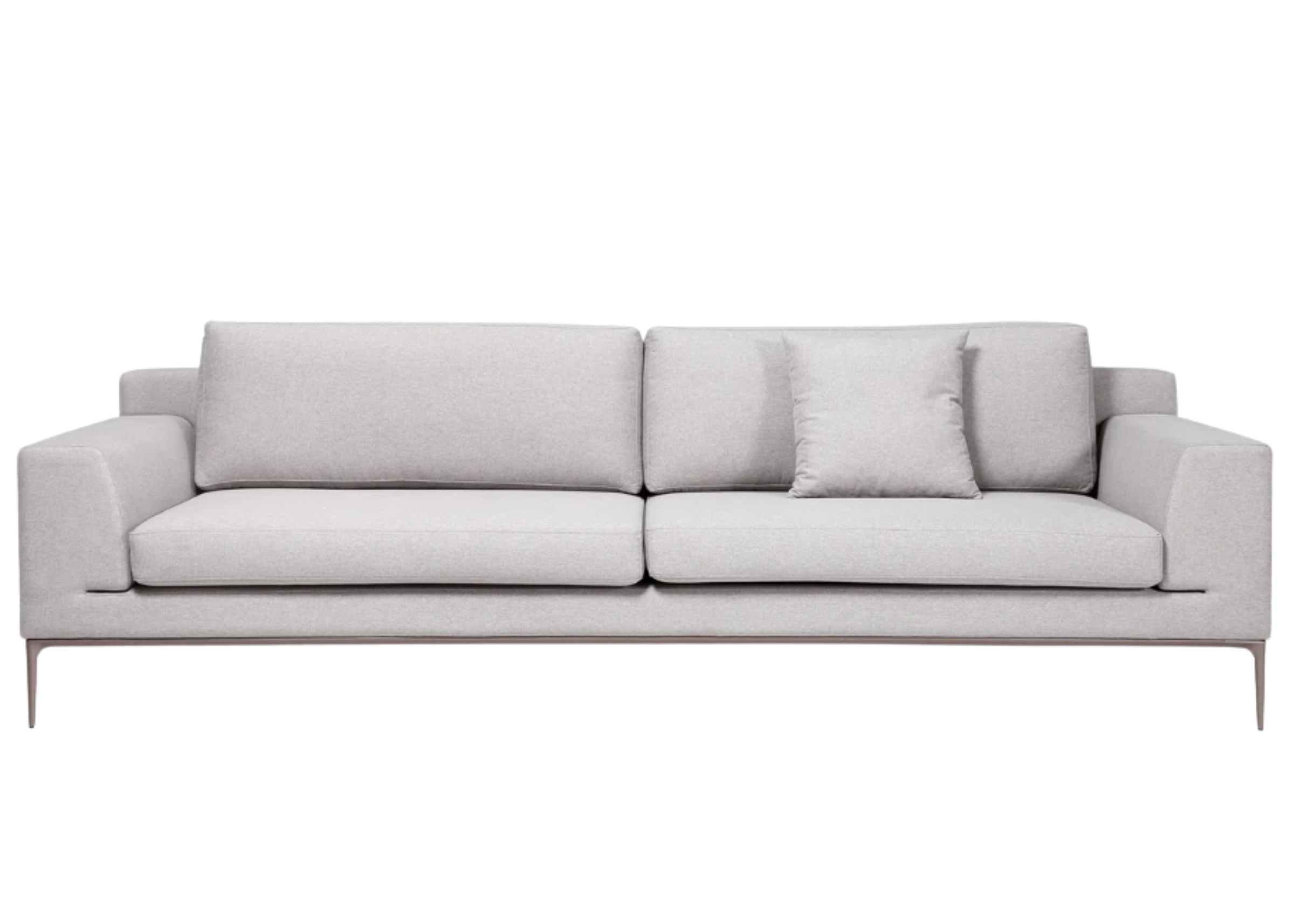 Sofá Apolo com revestimento cinza claro, apresentando design elegante e sofisticado, ideal para compor ambientes modernos e acolhedores.