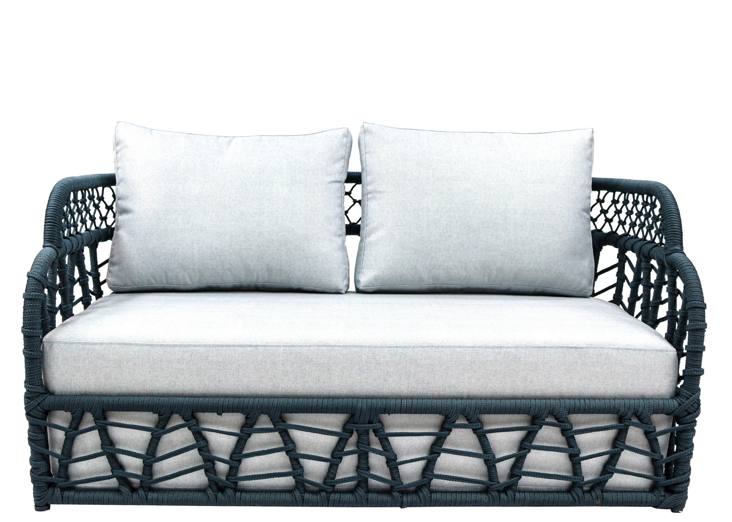 Sofá para área externa modelo Viena com corda náutica e revestimento impermeável. Móvel para uso externo.