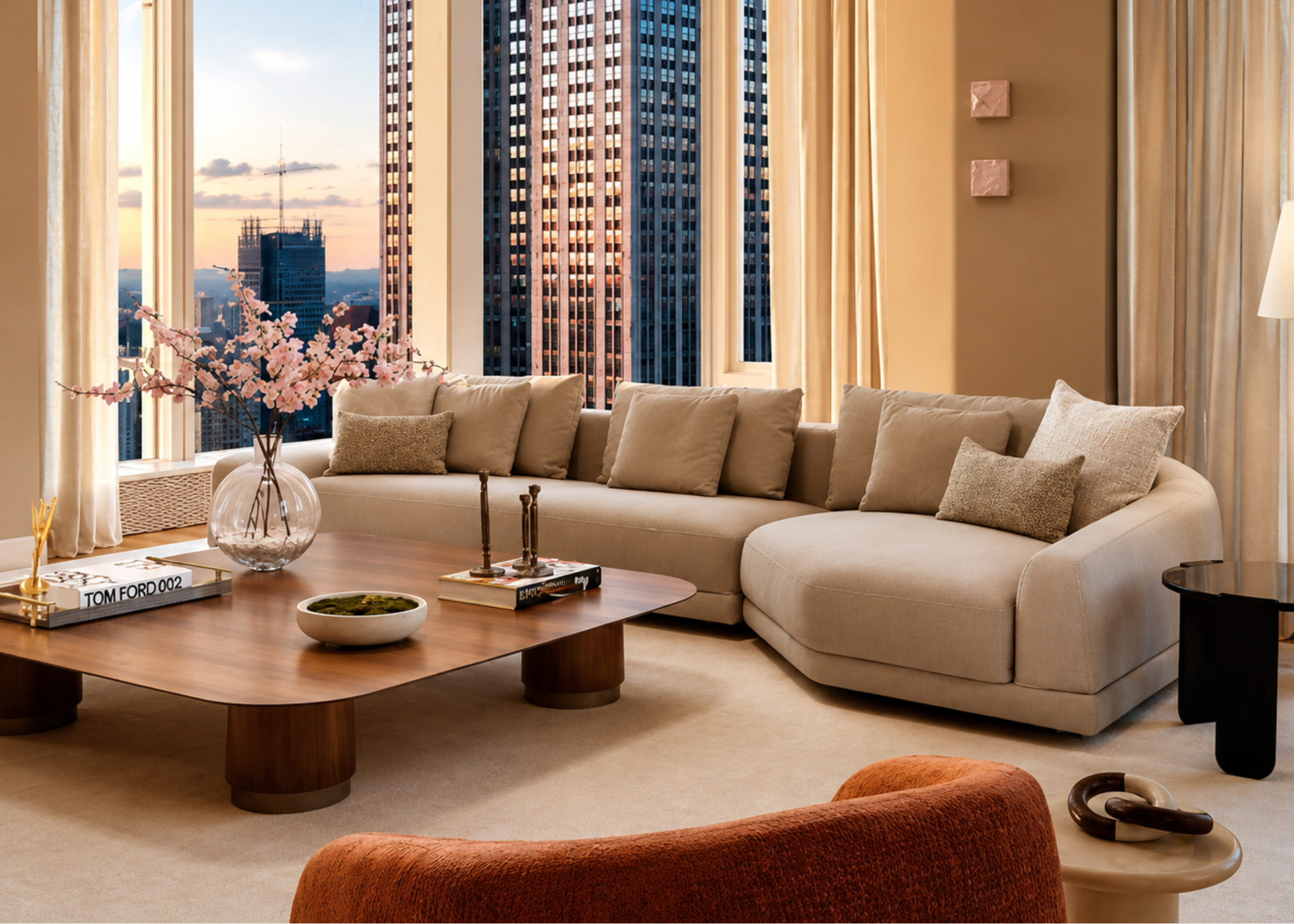 Sofá Atmosfera em ambiente moderno e elegante, apresentando design sofisticado e confortável, ideal para compor espaços contemporâneos e acolhedores.