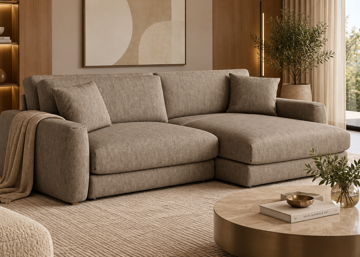 Sofá Aurum em sala de estar elegante e sofisticada, apresentando design contemporâneo e confortável, ideal para compor ambientes modernos e refinados.