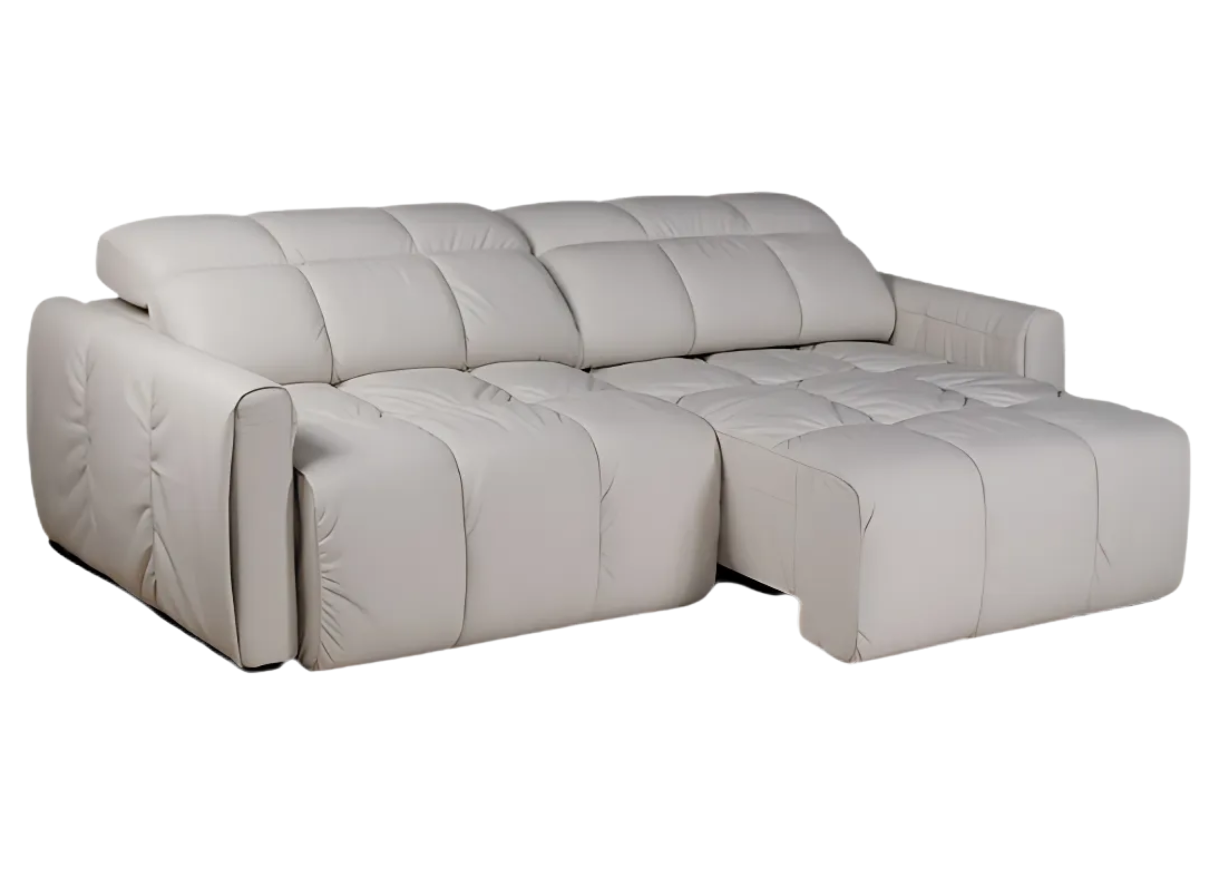 Sofá automatizado Santorini de dois lugares, revestido em couro natural, com pés em madeira e linhas minimalistas. Vista sobre fundo neutro, ideal para ambientes contemporâneos e sofisticados.
