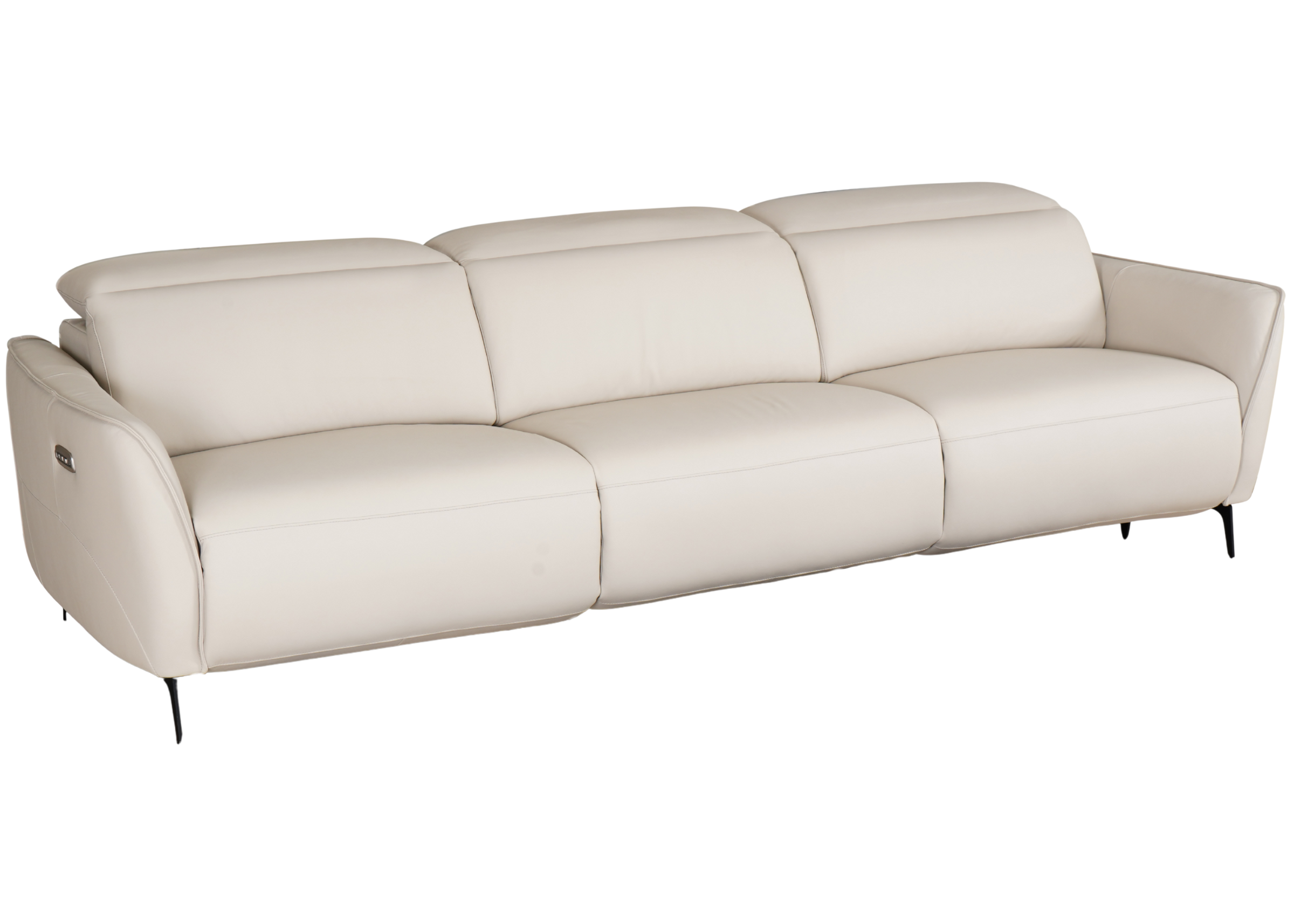 Sofá de três lugares em couro natural, design contemporâneo, com assento e encosto automatizados, estrutura robusta e acabamento de alto padrão, modelo Belluci.