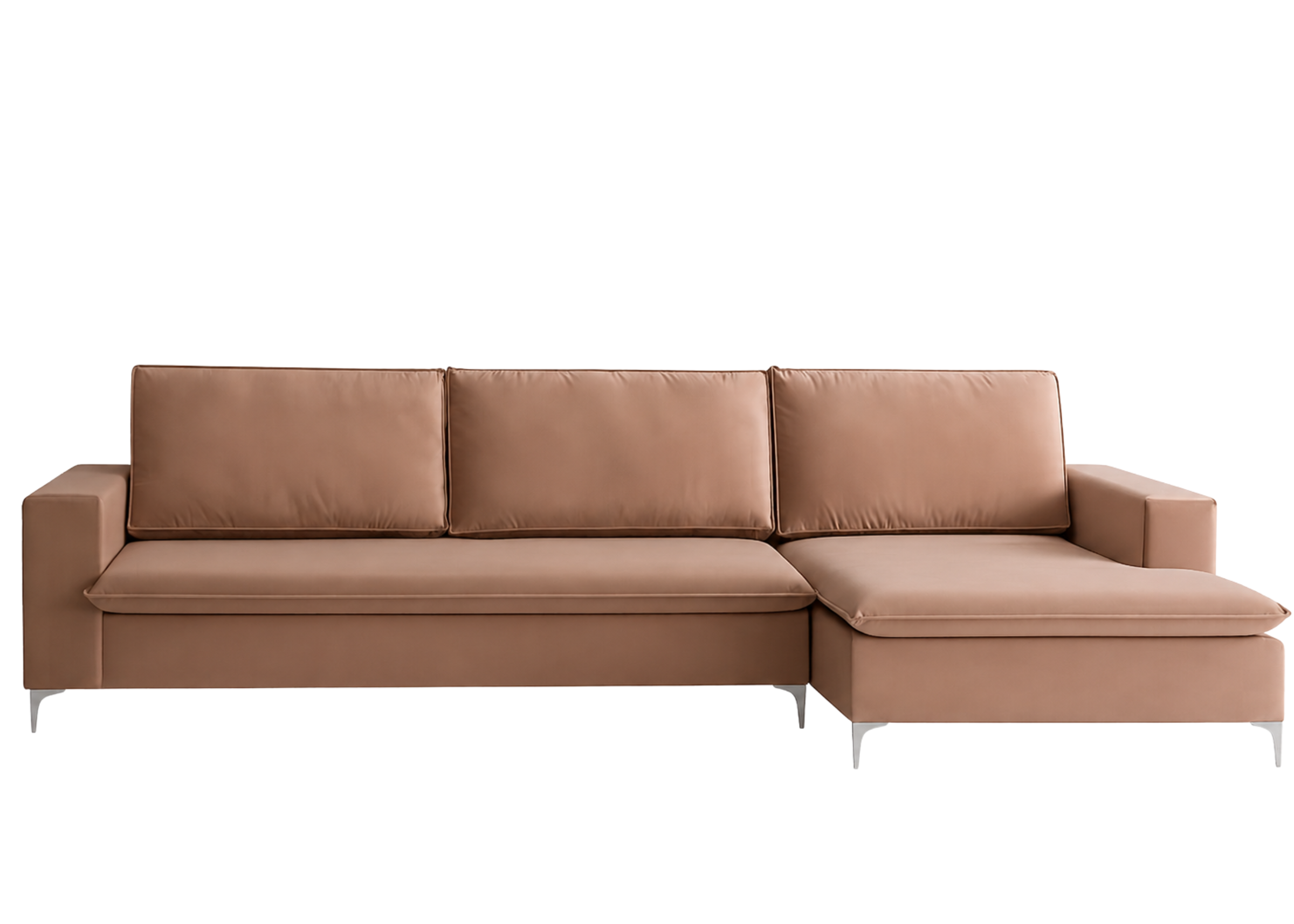 Sofá Baly com chaise, apresentando conforto e elegância em design sofisticado, ideal para compor ambientes modernos e acolhedores.