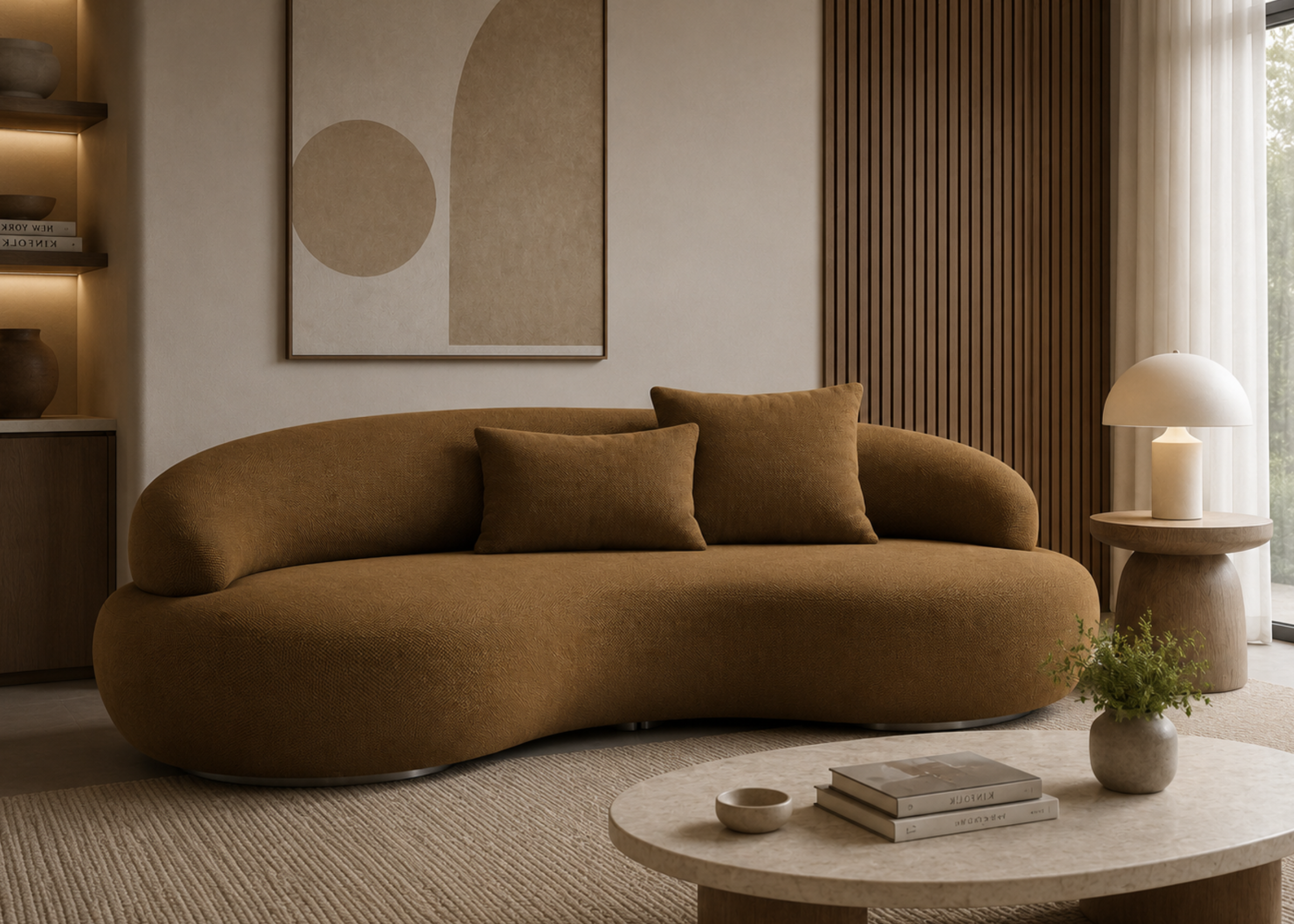 Sofá Cannes II em sala sofisticada com design moderno e elegante, ideal para compor ambientes acolhedores e refinados.
