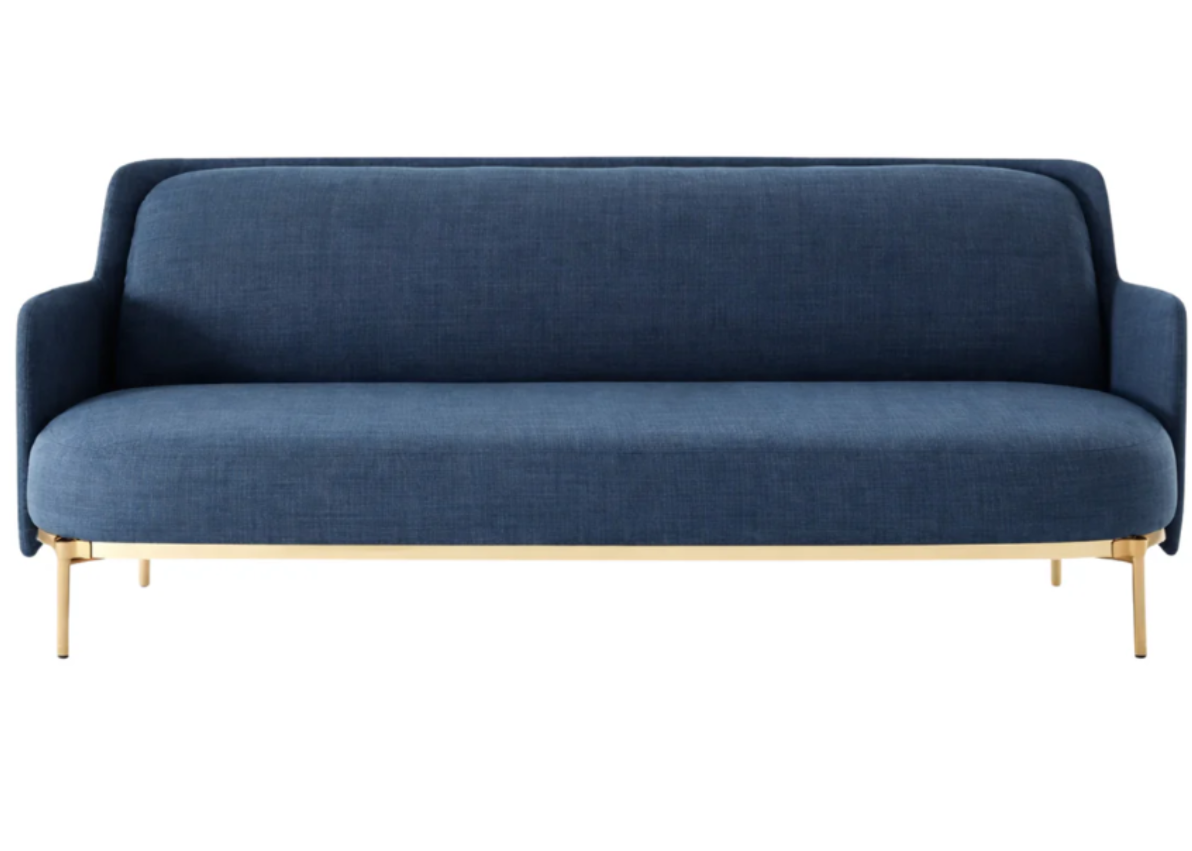 Sofá Celine elegante com revestimento em linho azul e base dourada, com design sofisticado ideal para ambientes modernos e refinados.