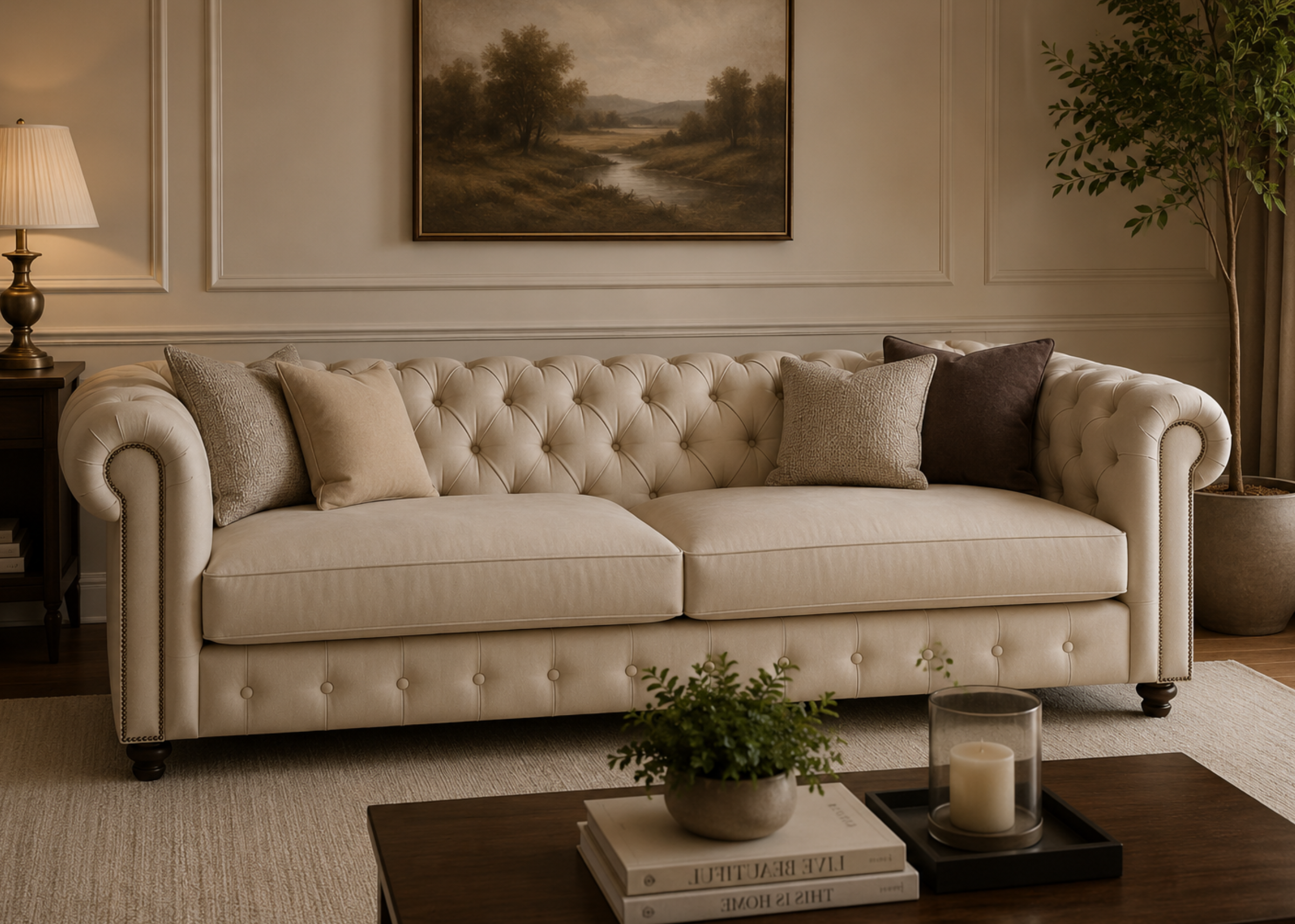 Sofá Chesterfield em sala moderna e luxuosa com almofadas decorativas, apresentando design elegante e sofisticado, ideal para compor ambientes refinados e acolhedores.