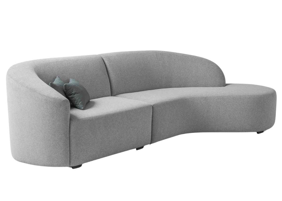 Sofá modelo Hana em tecido cinza claro com design minimalista e encosto reto, vista lateral sobre fundo neutro. Móvel sofisticado e funcional para ambientes contemporâneos.
