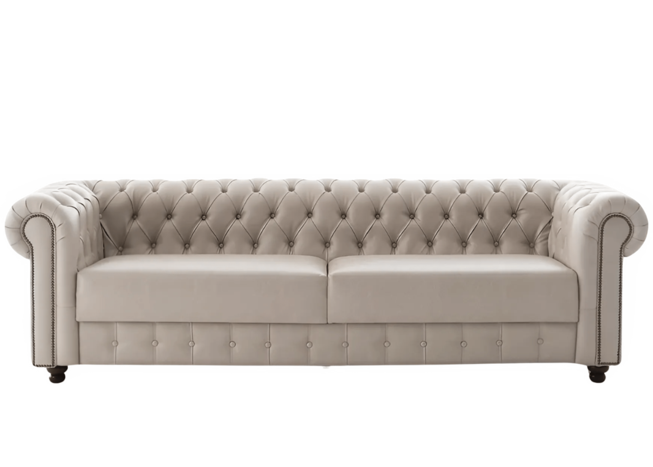 Sofá Chesterfield com design clássico, acabamento em capitonê e visual luxuoso, revestido em couro, vista frontal sobre fundo neutro. Peça atemporal para compor salas de estar refinadas e ambientes de alto padrão.