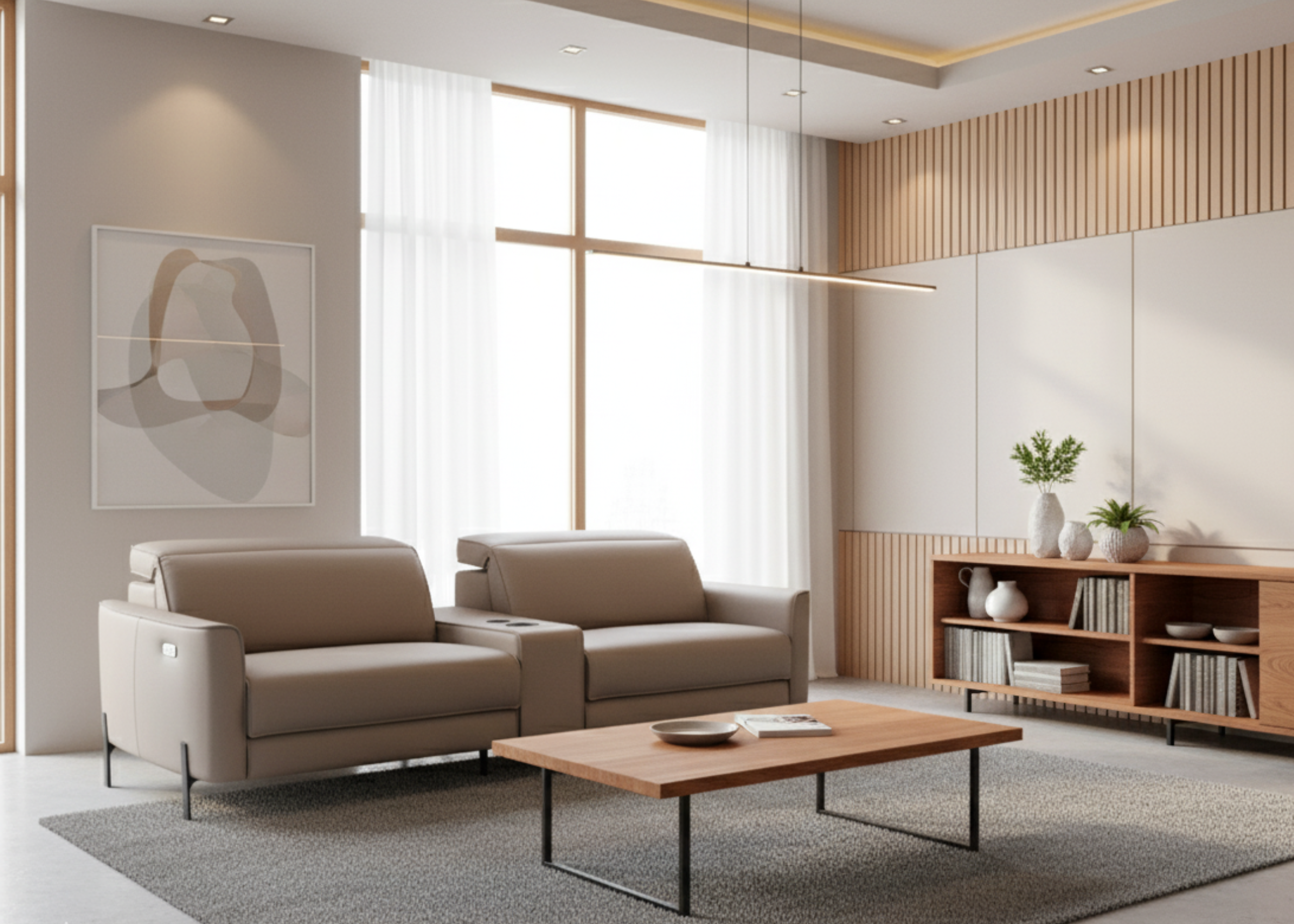 Sofá modelo Romanno dois lugares em couro natural, com encosto e assento automatizados, indicado para composições contemporâneas.