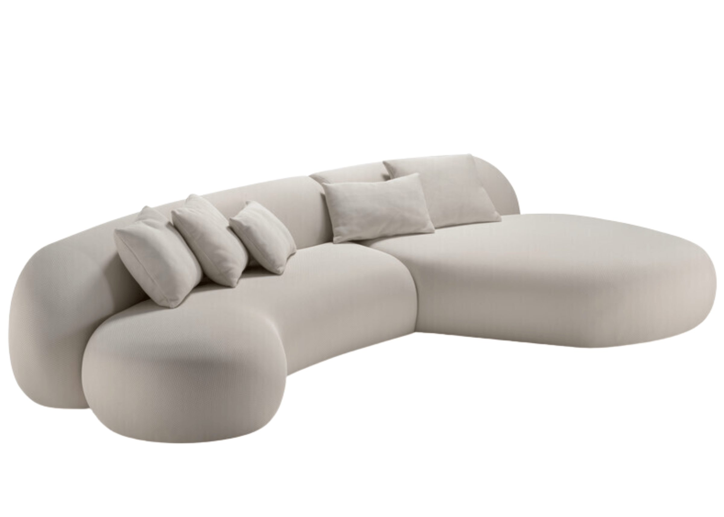 Sofá curvo Aurora com chaise, em composição elegante com almofadas decorativas. Móvel sofisticado para salas de estar refinadas.