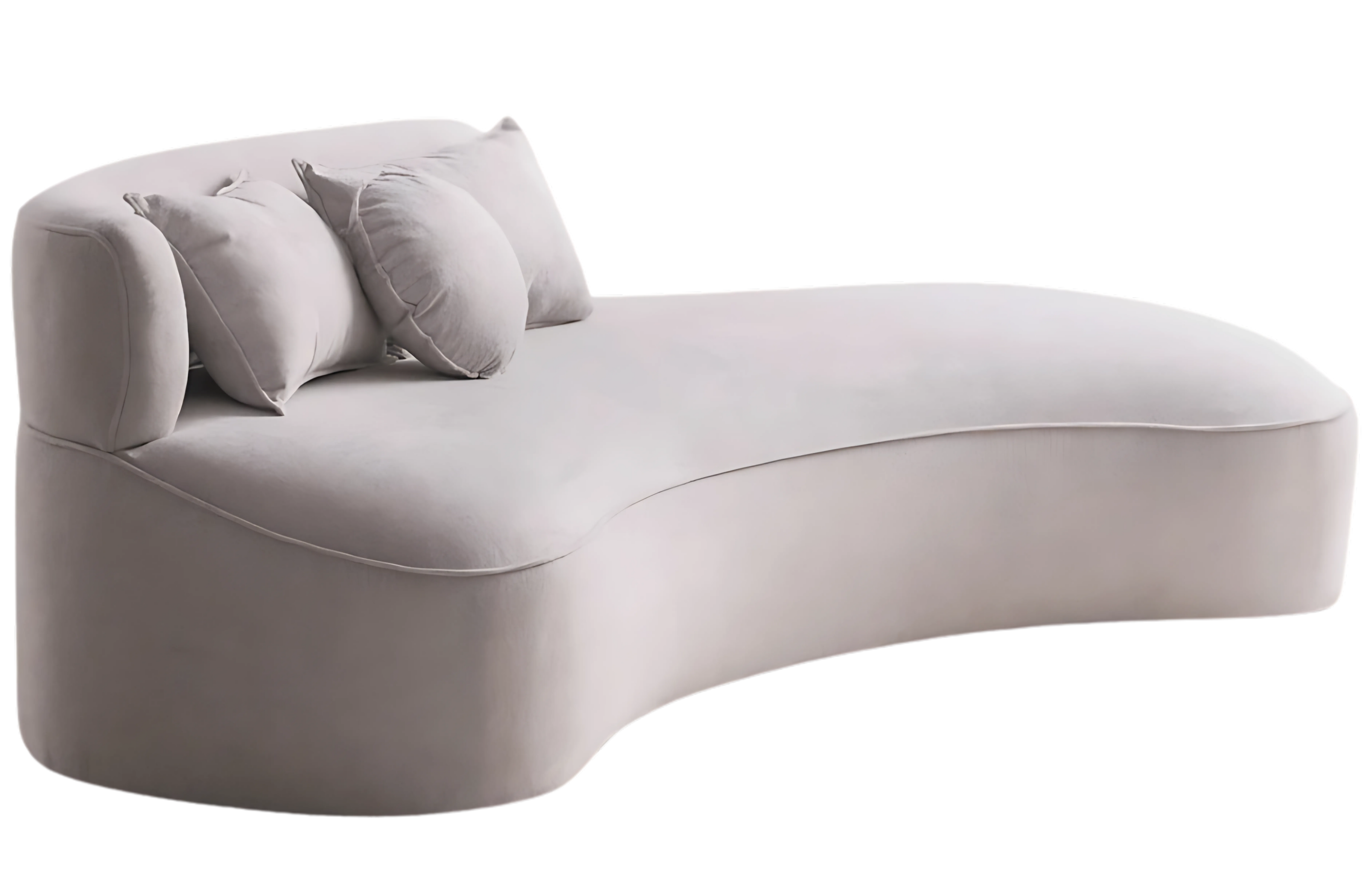 Sofá curvo elegante Antonella em tecido claro com encosto contínuo e design contemporâneo, vista lateral sobre fundo neutro. Móvel sofisticado ideal para salas de estar modernas.
