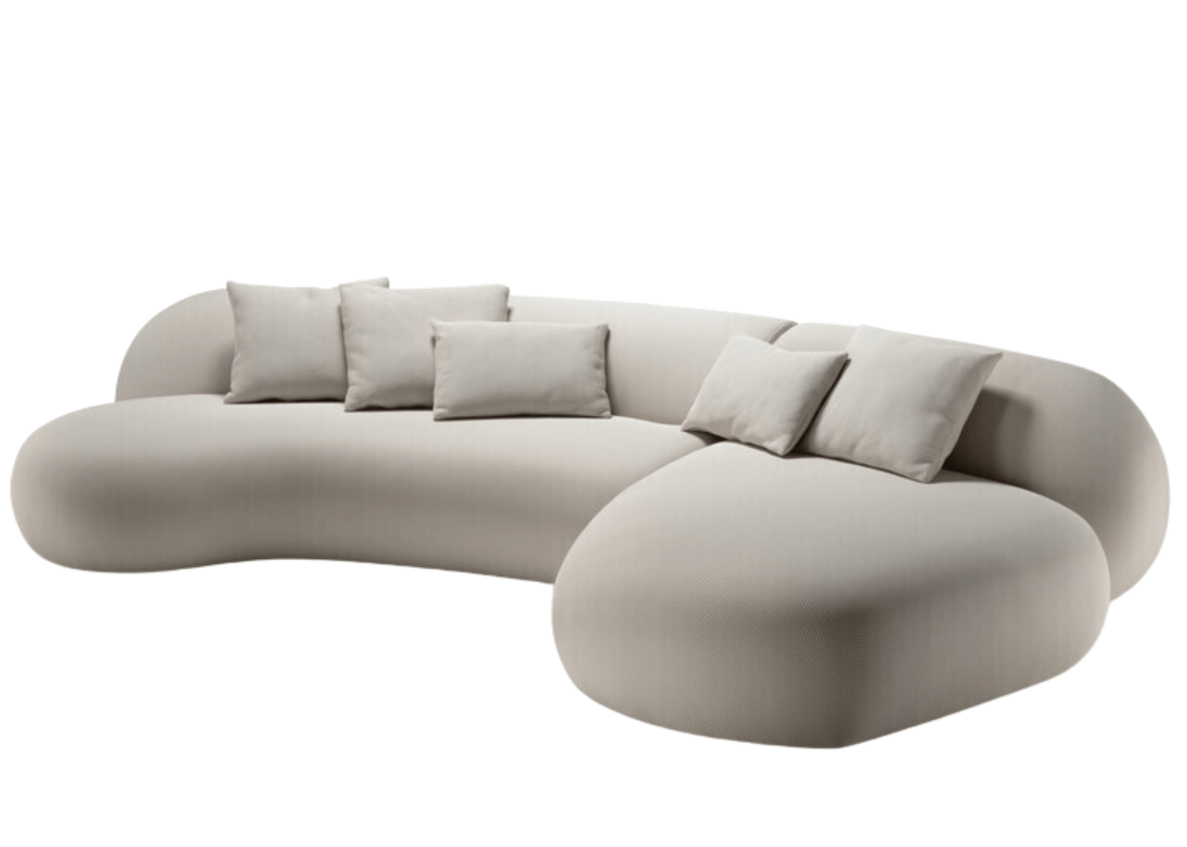 Sofá curvo Aurora com chaise em tecido claro. Móvel sofisticado e contemporâneo para salas de estar elegantes.