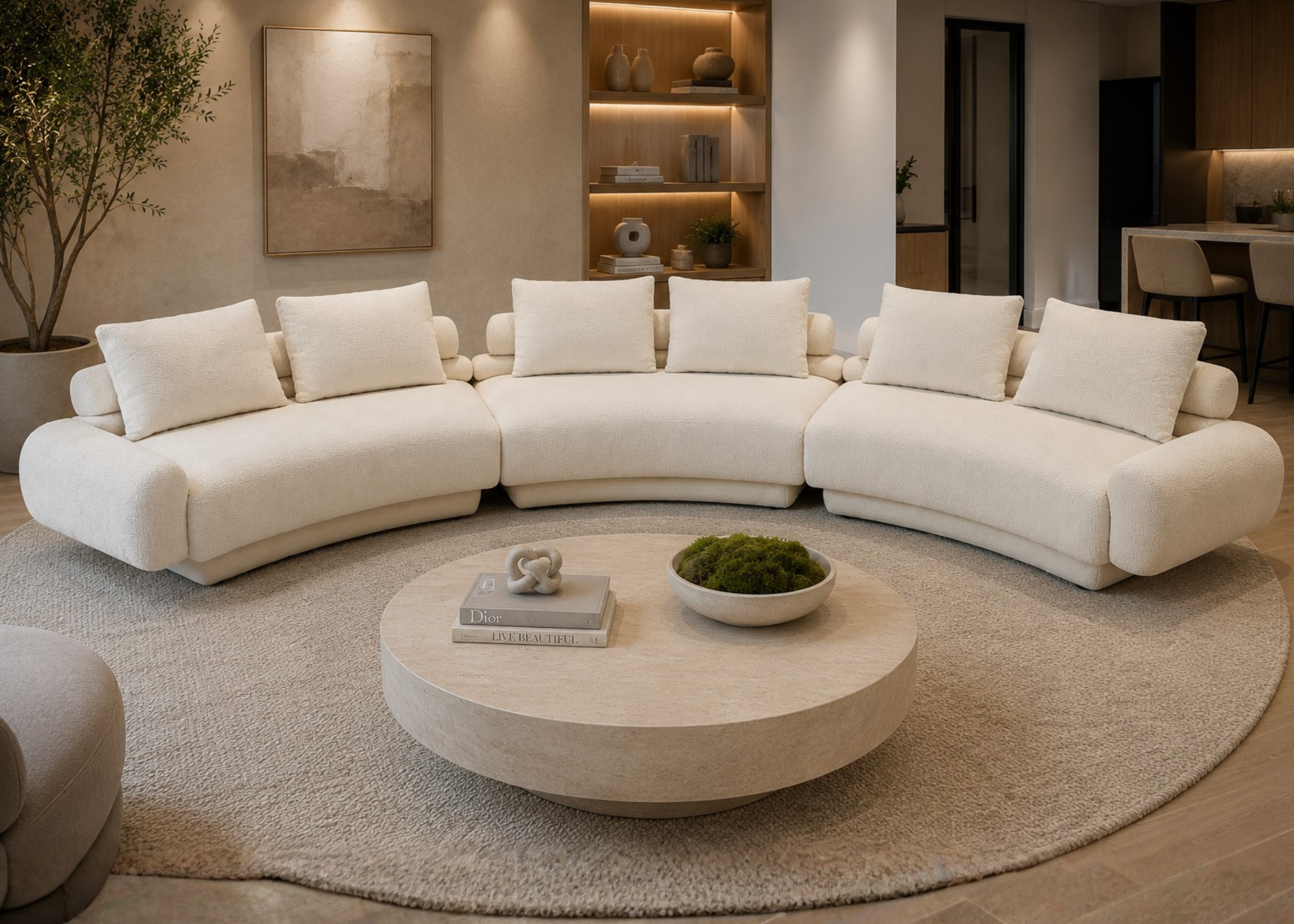 Sofá Curvo Cylos em sala de estar elegante e contemporânea, apresentando design sofisticado e confortável, ideal para compor ambientes modernos e acolhedores.