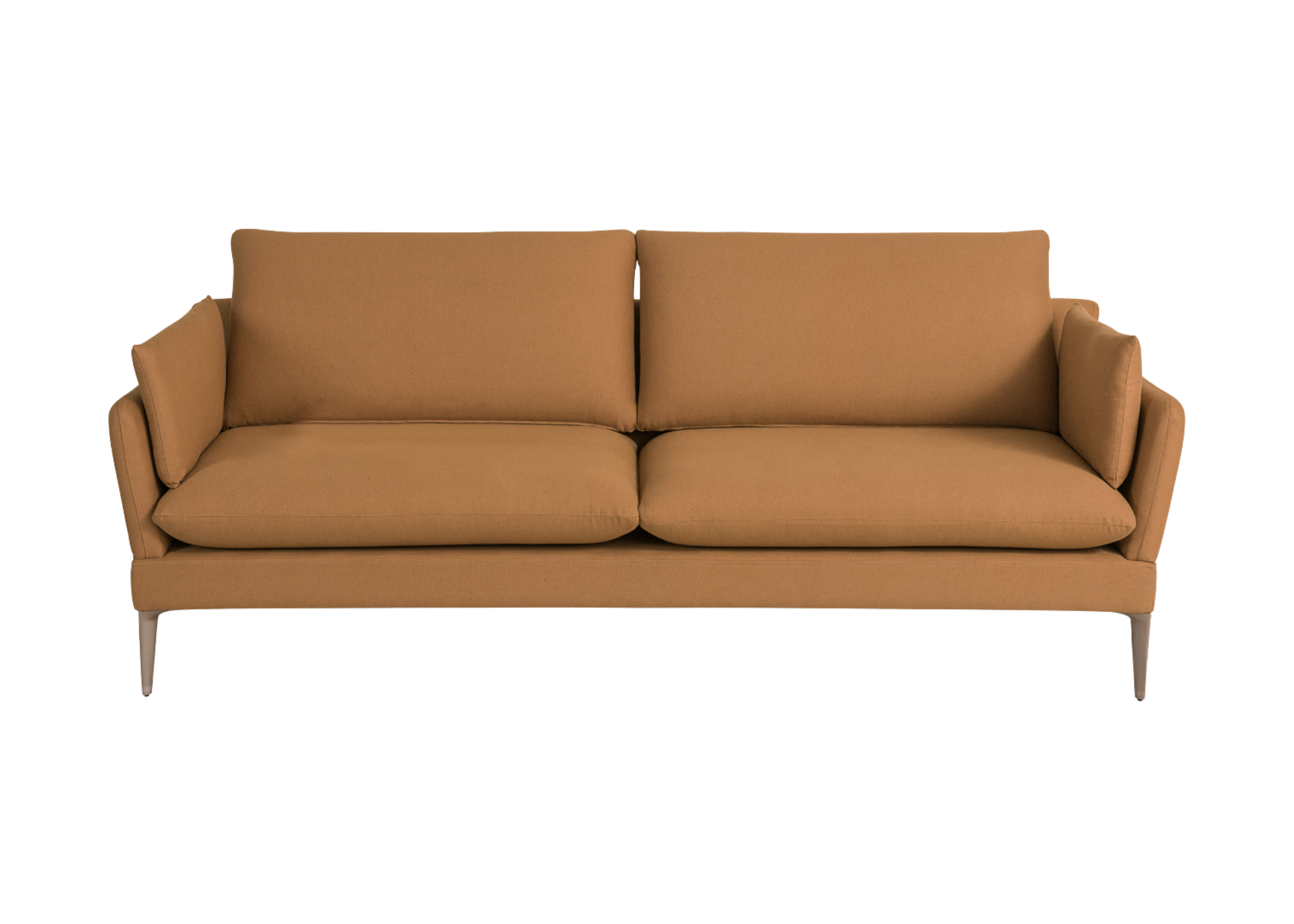 Sofá de dois lugares fixo com estofado e revestimento caramelo, modelo Tokyo, trazendo um toque de sofisticação e conforto para ambientes modernos.