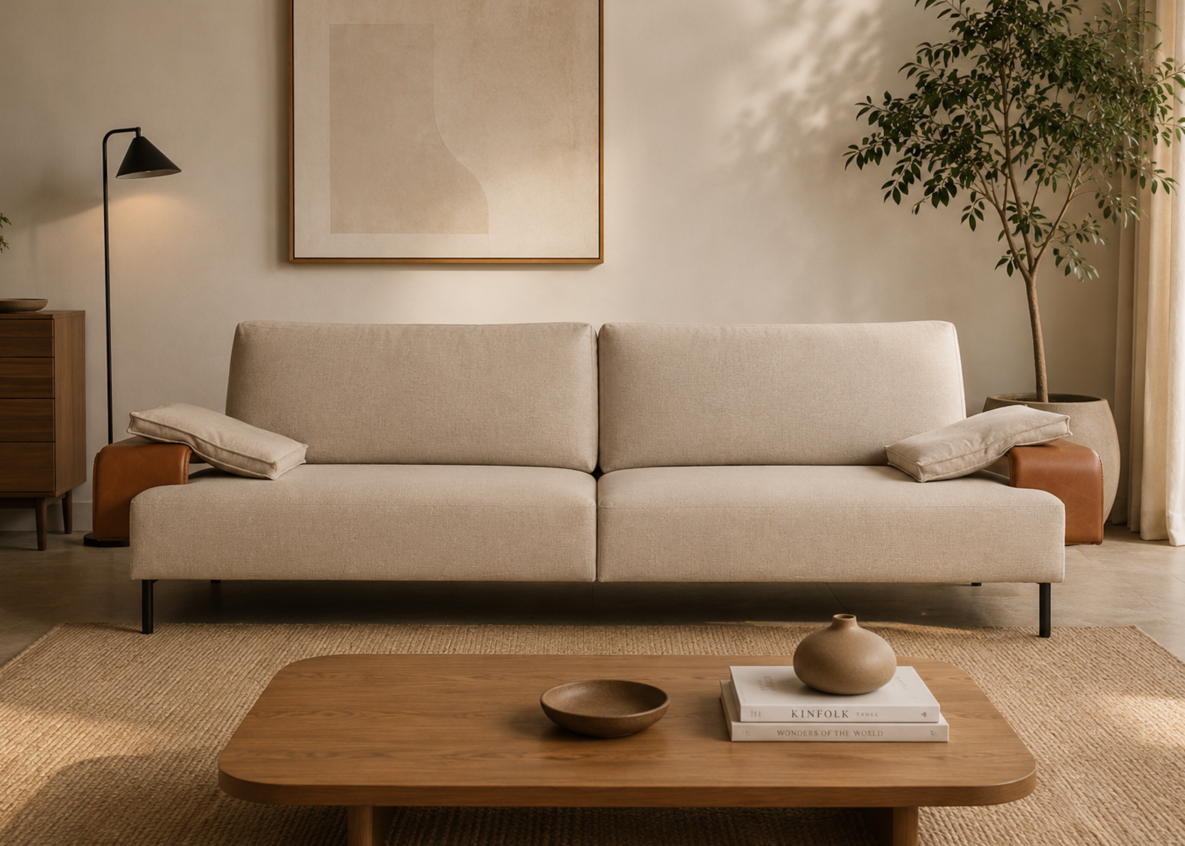 Sofá Donald em sala moderna com estilo rústico e confortável, apresentando design sofisticado, ideal para compor ambientes acolhedores e elegantes.