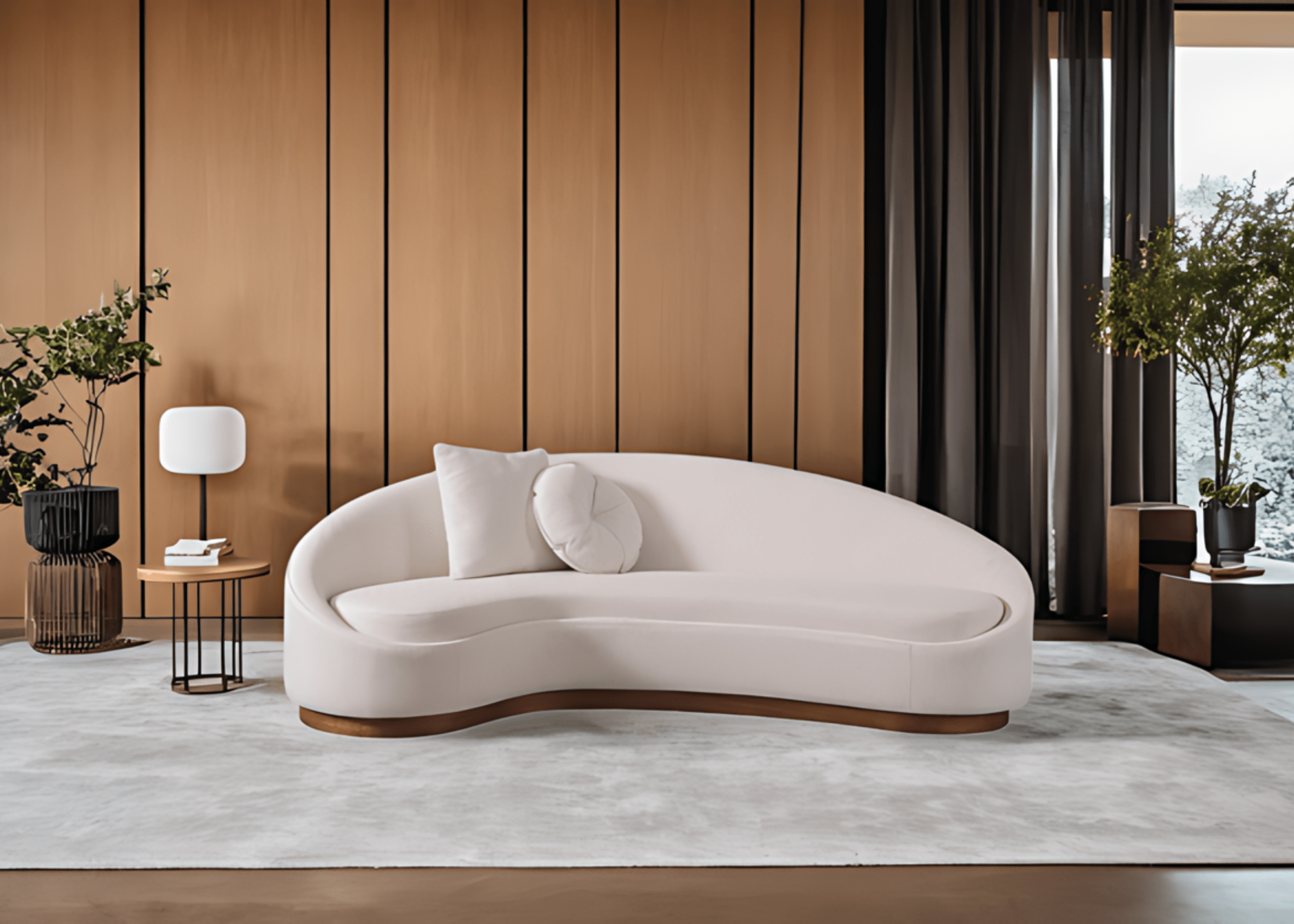 Sofá Donatello Slim Curvo destacado em uma sala de estar contemporânea, unindo design sofisticado e conforto.