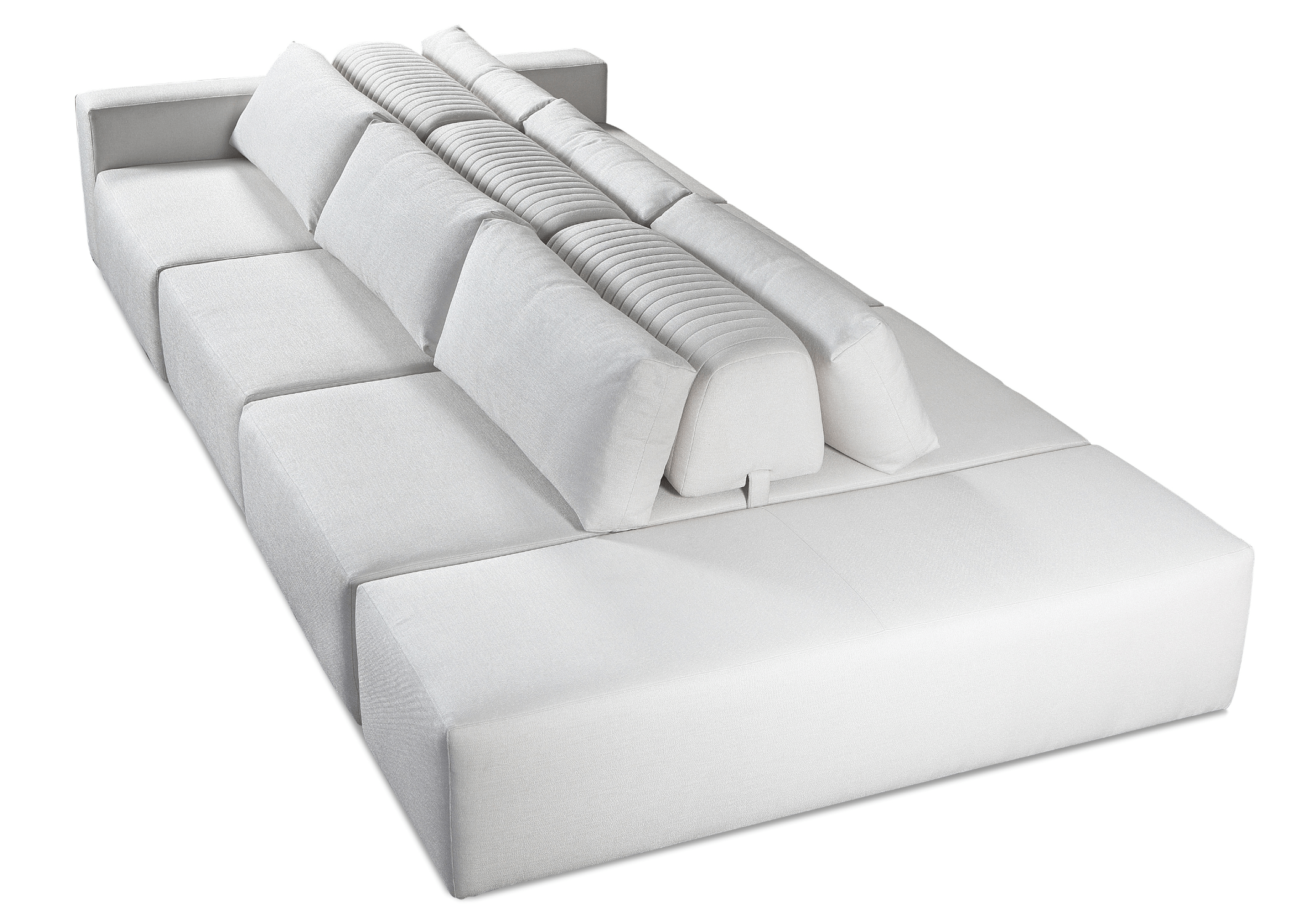 Sofá Ilha Automatizado Ben com encostos elevados e almofadas decorativas, unindo design moderno e tecnologia de conforto.