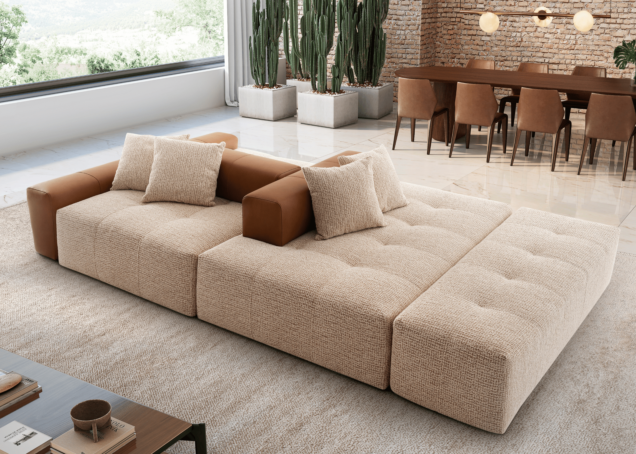 Sofá Ilha com puff Divine em ambiente integrado moderno e de alto padrão.