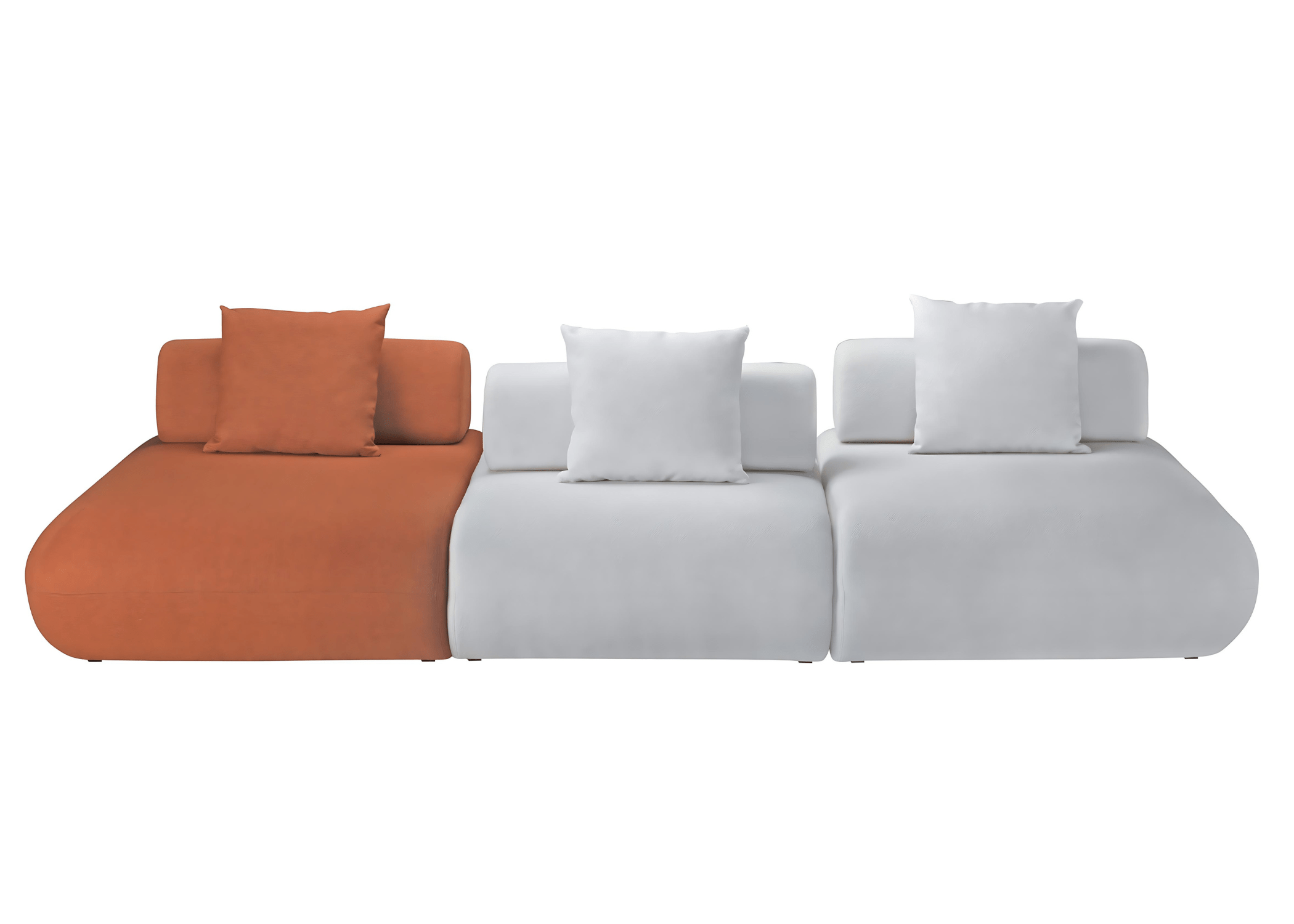 Detalhe do Sofá Ilha Spot com encostos soltos e almofadas decorativas, ideal para salas de estar e TV integradas.