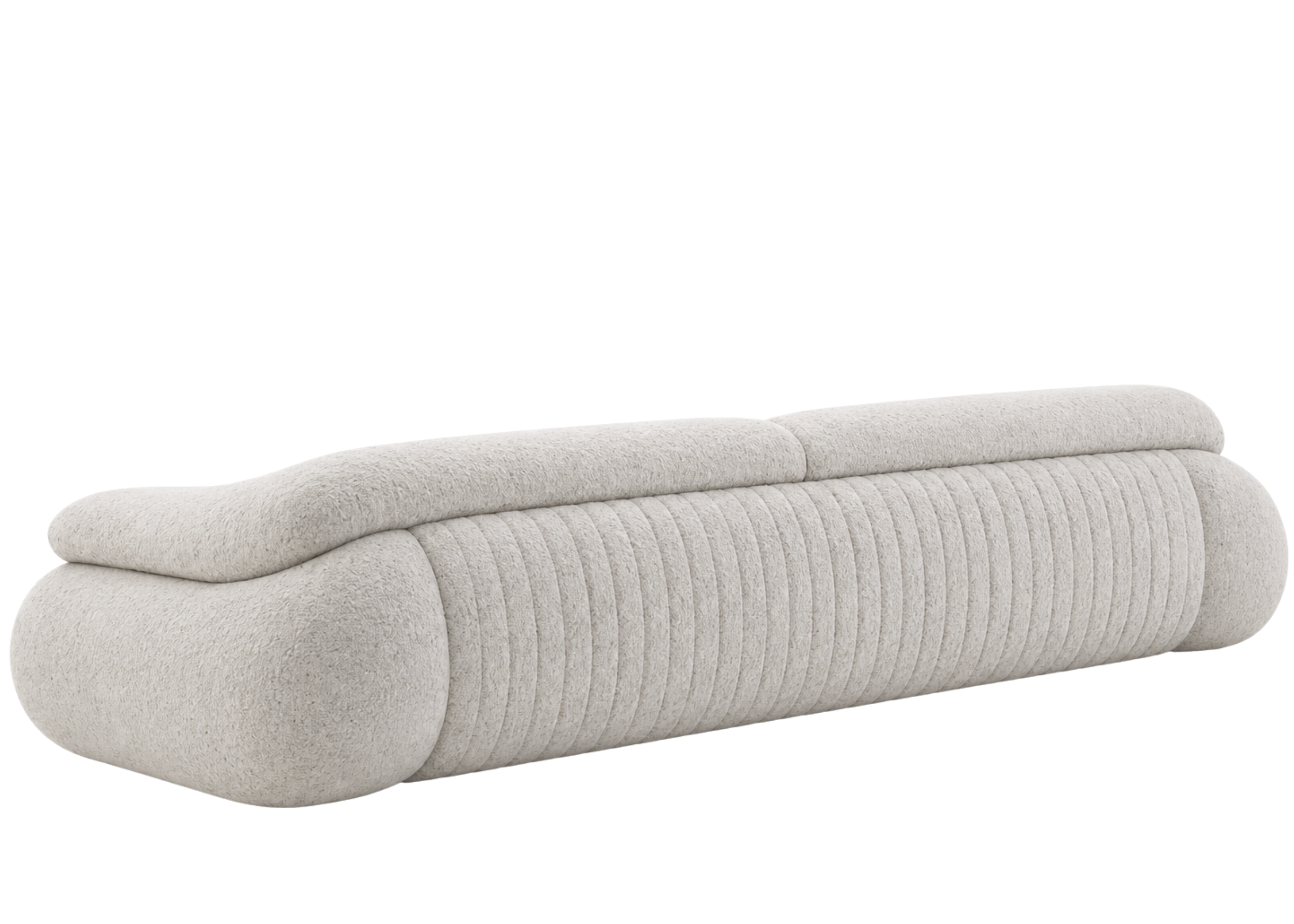 Sofá Jubarte com detalhes sofisticados nas costas e braços curvados, apresentando design elegante e contemporâneo, ideal para compor ambientes refinados e acolhedores.