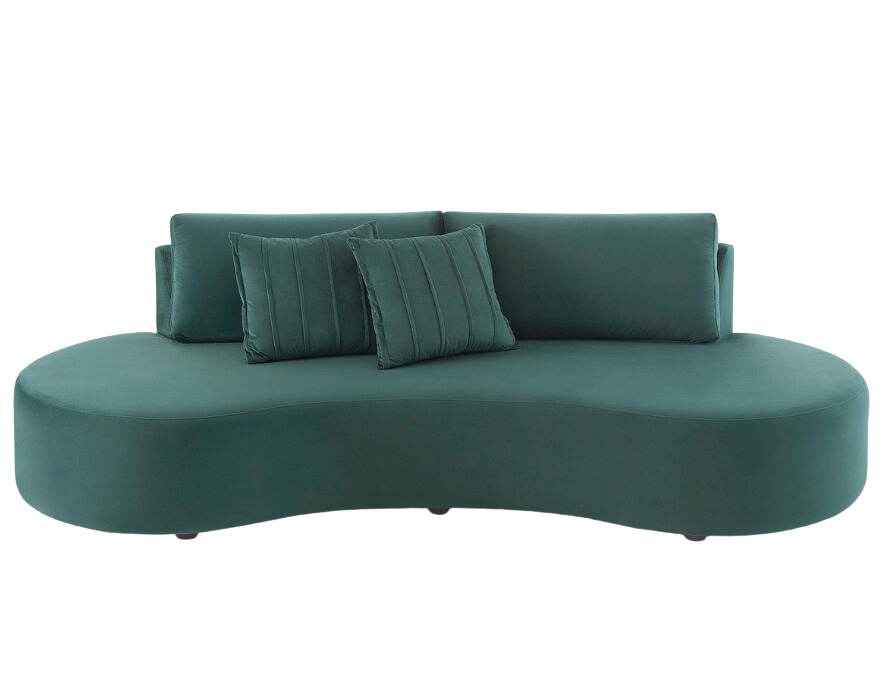 Sofá orgânico Kobi veludo verde com encosto baixo e curvas esculturais para salas modernas.