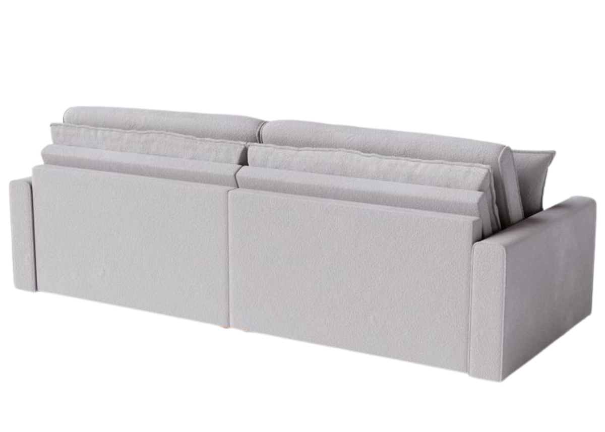 Sofá Lumier com detalhe sofisticado no encosto das costas, apresentando design elegante e acabamento refinado, ideal para compor ambientes modernos e sofisticados.
