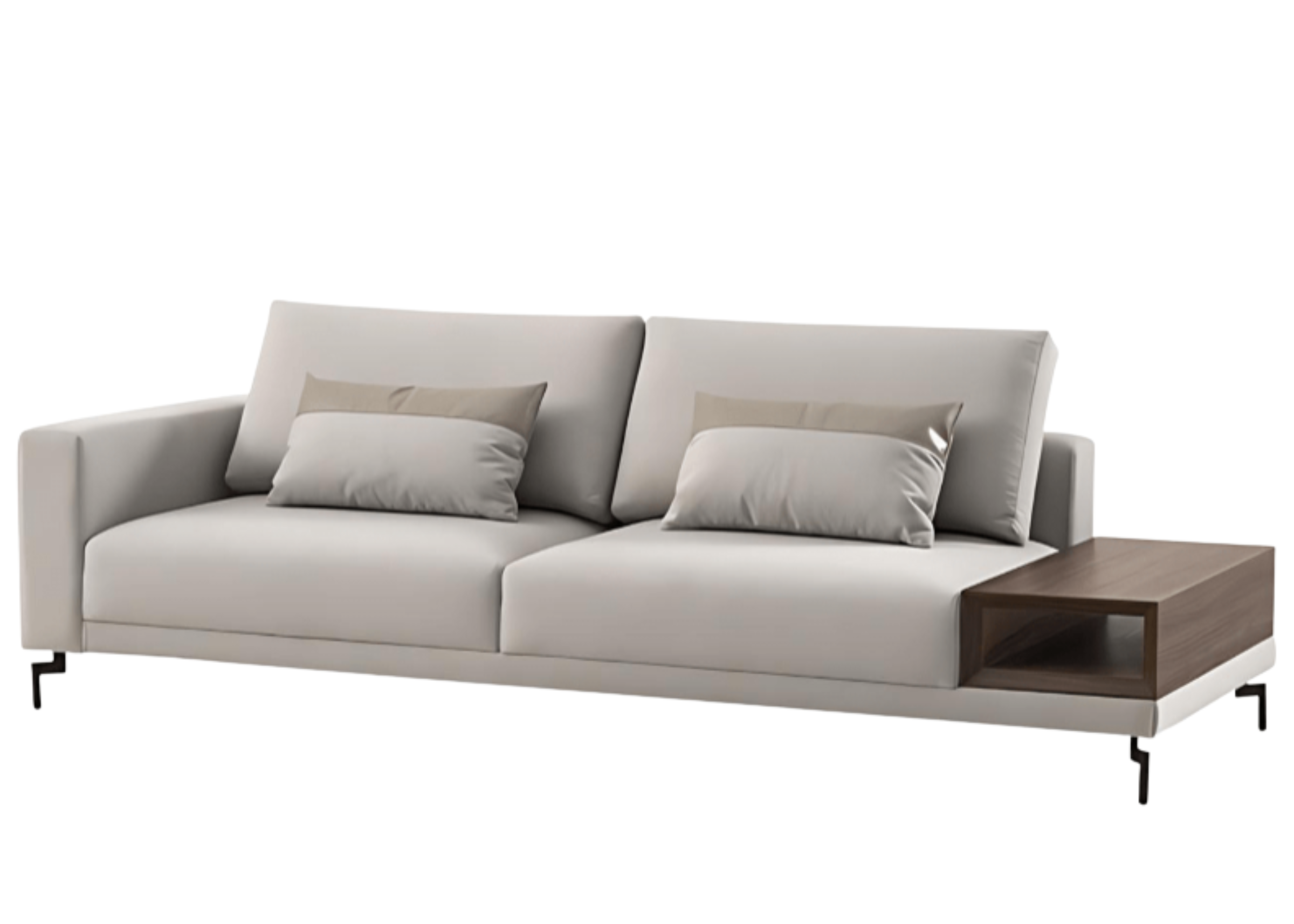 Sofá Lusso com detalhes sofisticados e mesa lateral em madeira integrada, apresentando design elegante e funcional, ideal para compor ambientes modernos e refinados.