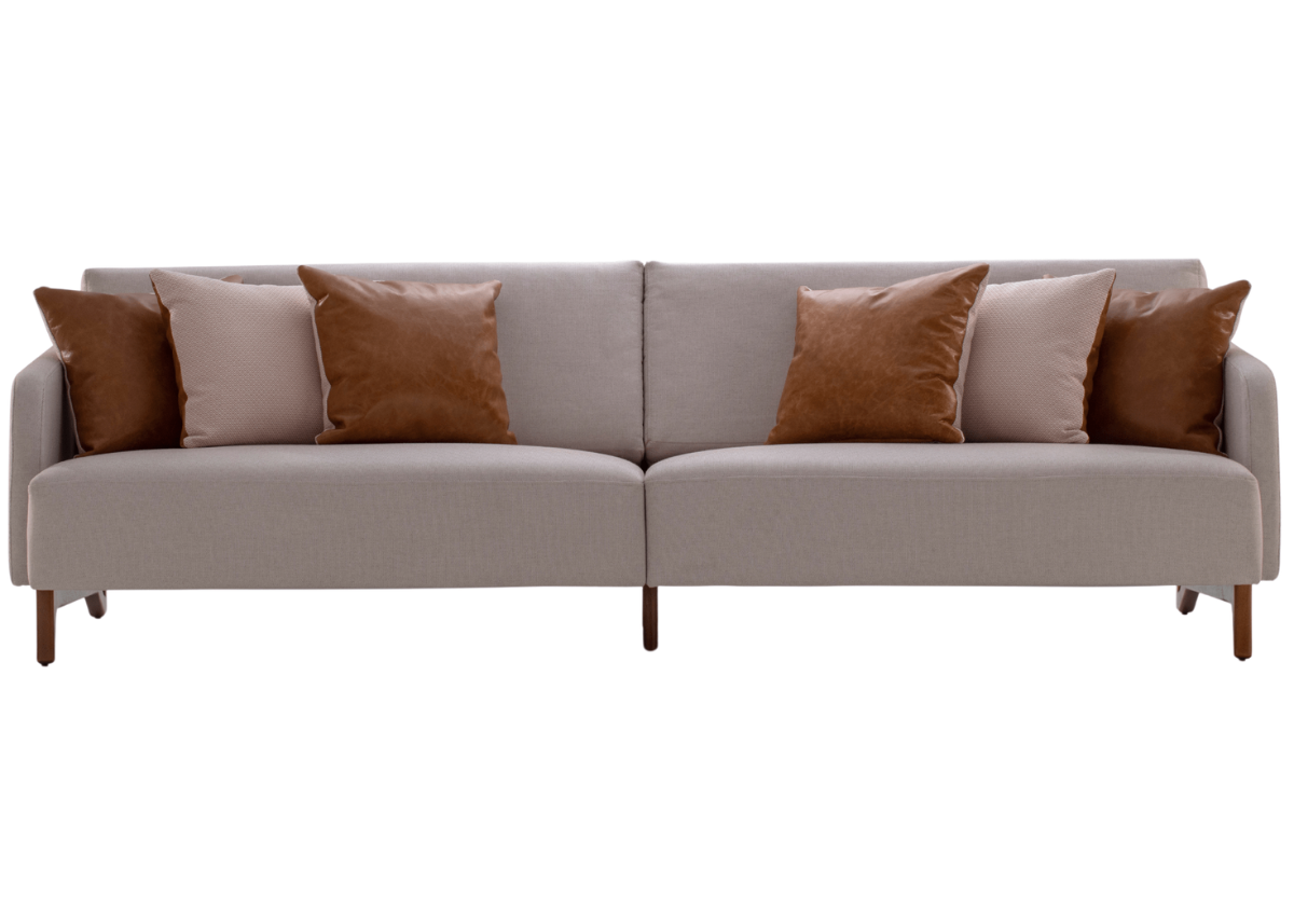 Sofá Arpoador com design contemporâneo e acabamento de luxo, revestido em tecido claro, vista frontal sobre fundo neutro. Estofado sofisticado ideal para compor salas de estar elegantes e ambientes exclusivos.