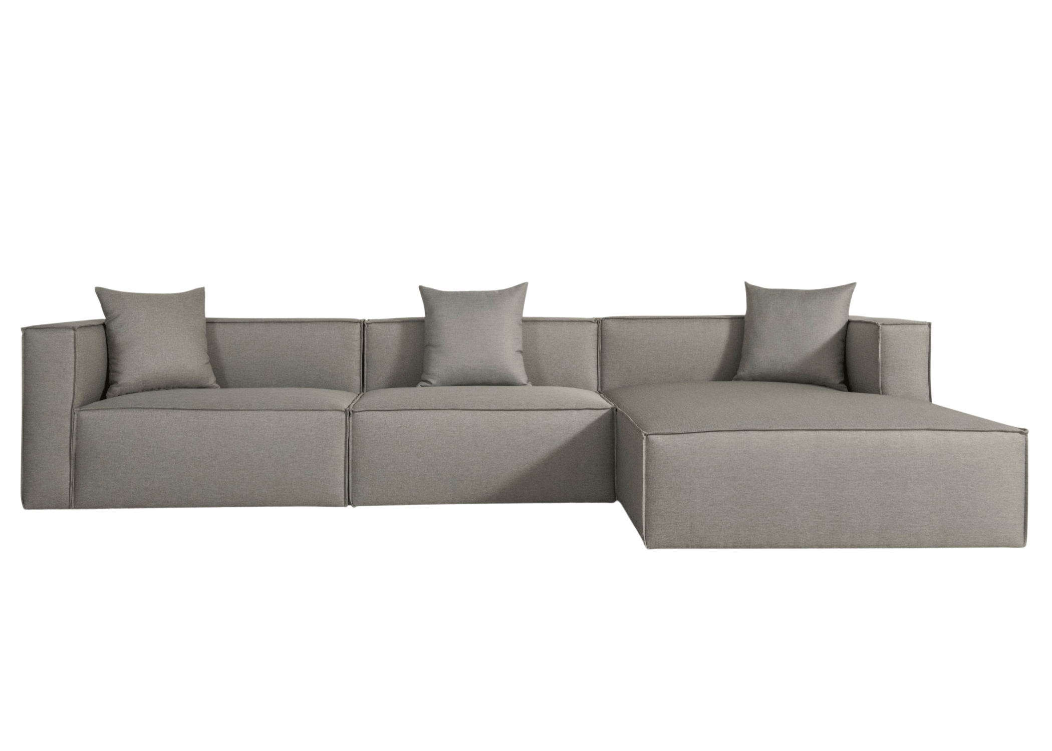 Sofá luxuoso de três lugares com revestimento cinza, perfeito para salas de estar elegantes e modernas. Design sofisticado que alia conforto, estilo e acabamento premium para ambientes refinados.