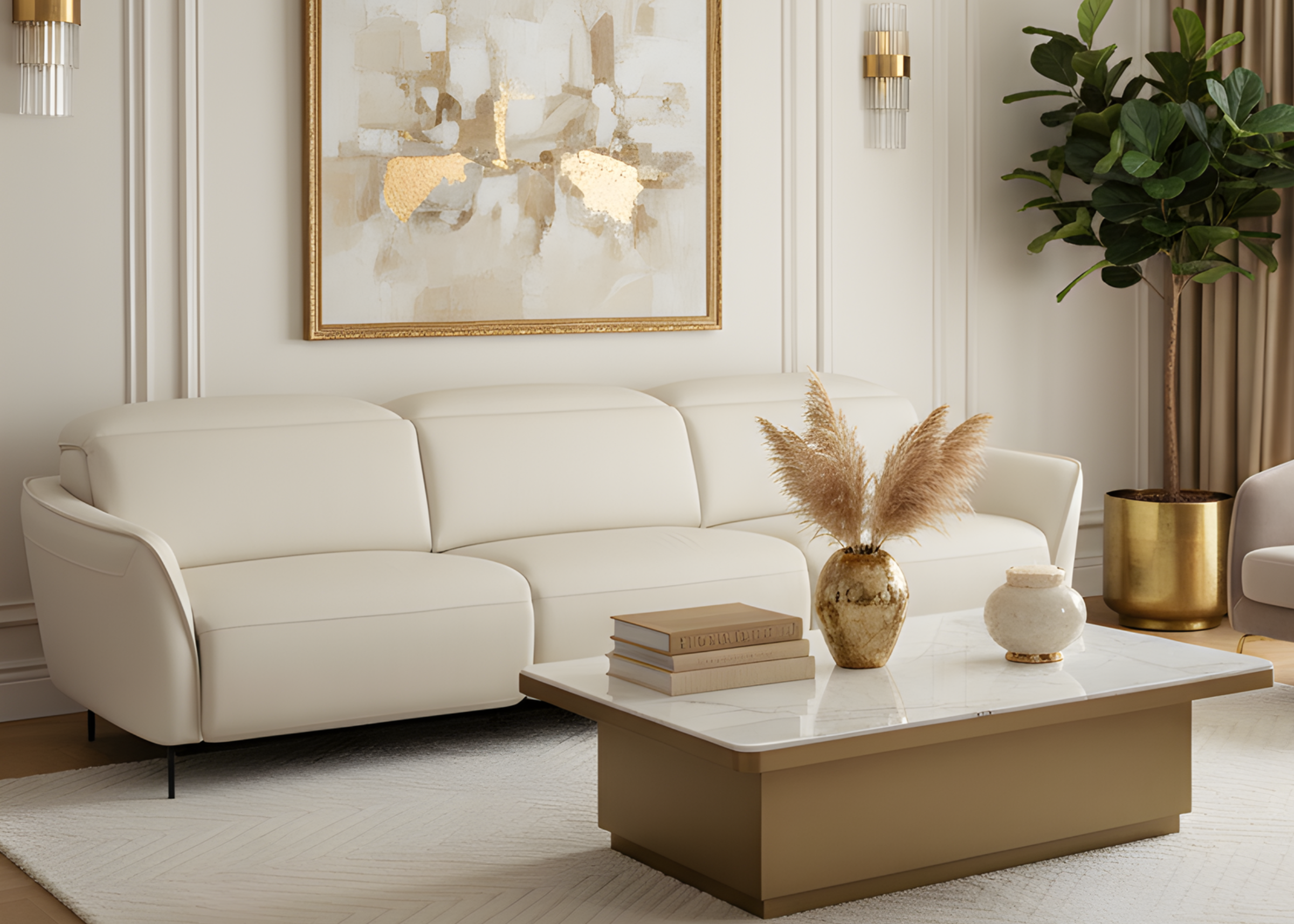 Sofá Belluci em couro natural, design moderno e linhas elegantes, desenvolvido para compor salas de estar contemporâneas.