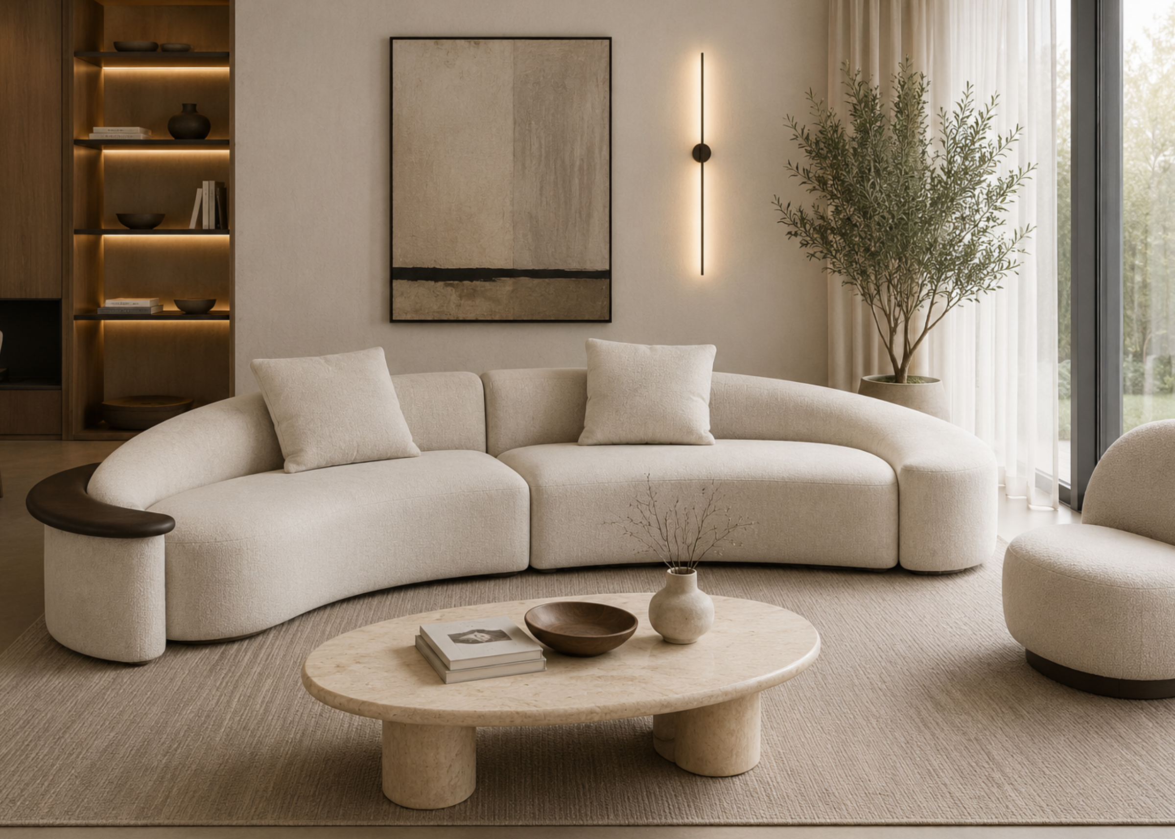 Sofá Nautilus em sala de estar sofisticada, robusta e luxuosa, apresentando design elegante e confortável, ideal para compor ambientes refinados e acolhedores.