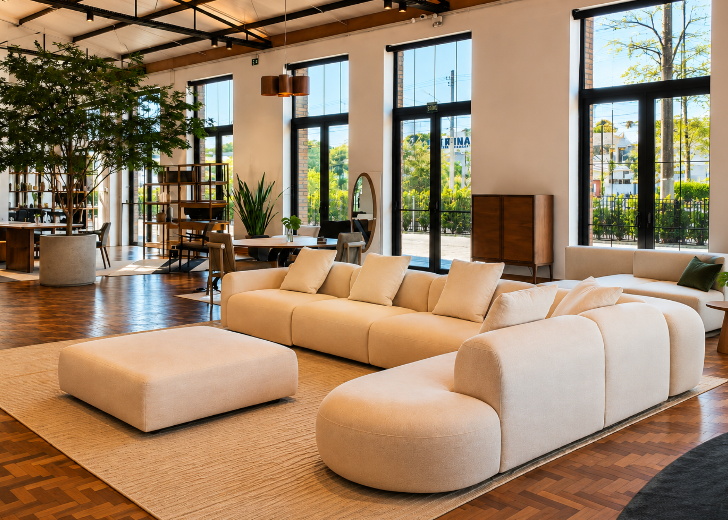 Sofá Nobile em sala moderna com revestimento off white, apresentando design elegante e sofisticado, ideal para compor ambientes acolhedores e contemporâneos.