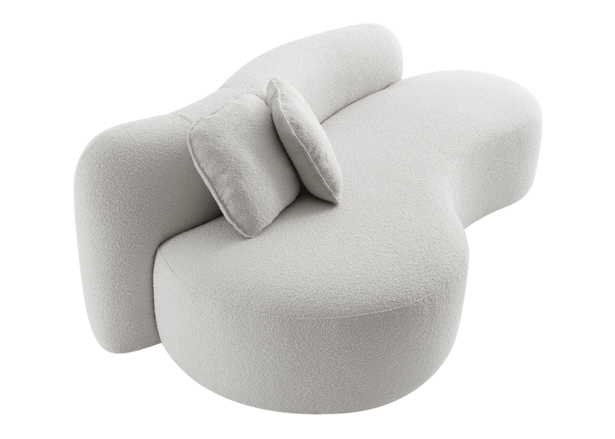 Sofá orgânico modelo Bubble em tecido bouclé cinza com formas arredondadas e textura aconchegante, vista sobre fundo neutro. Móvel moderno e elegante, perfeito para ambientes acolhedores e contemporâneos.