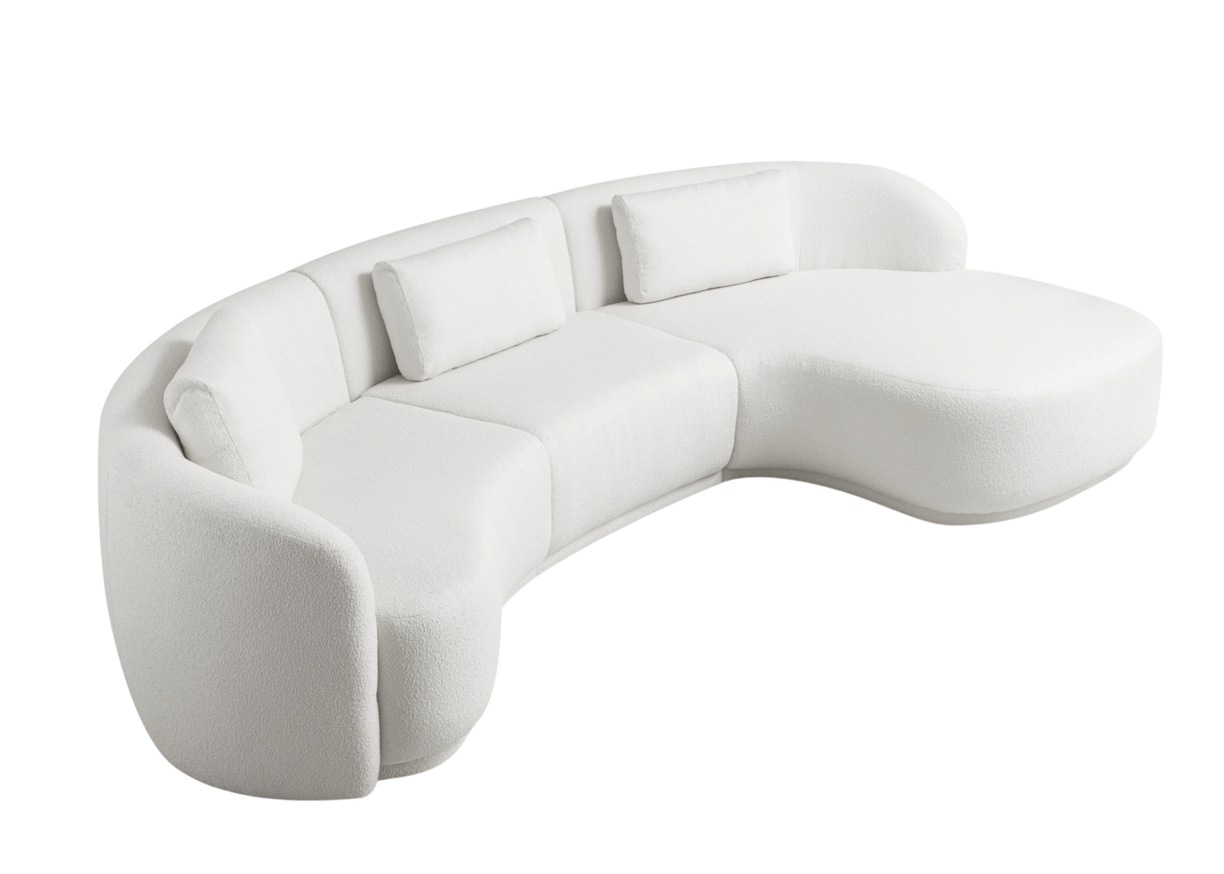 Sofá orgânico curvo modelo Bia em bouclé branco, ideal para salas de estar modernas e elegantes. Design fluido e aconchegante que une conforto e sofisticação, valorizando ambientes contemporâneos.