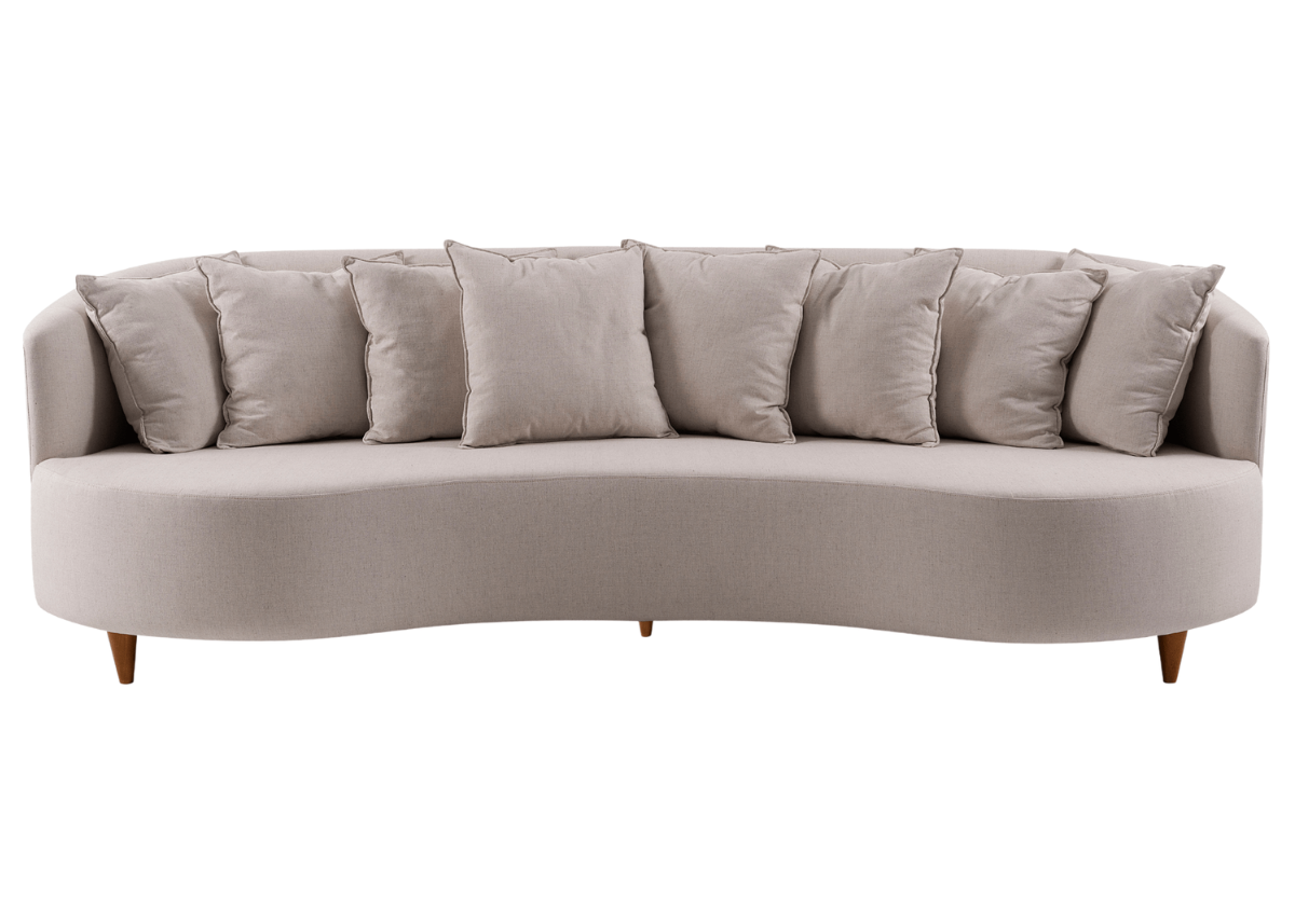 Sofá orgânico elegante modelo London em tecido claro com formas arredondadas e encosto contínuo, vista frontal sobre fundo neutro. Móvel moderno e acolhedor para salas de estar sofisticadas.