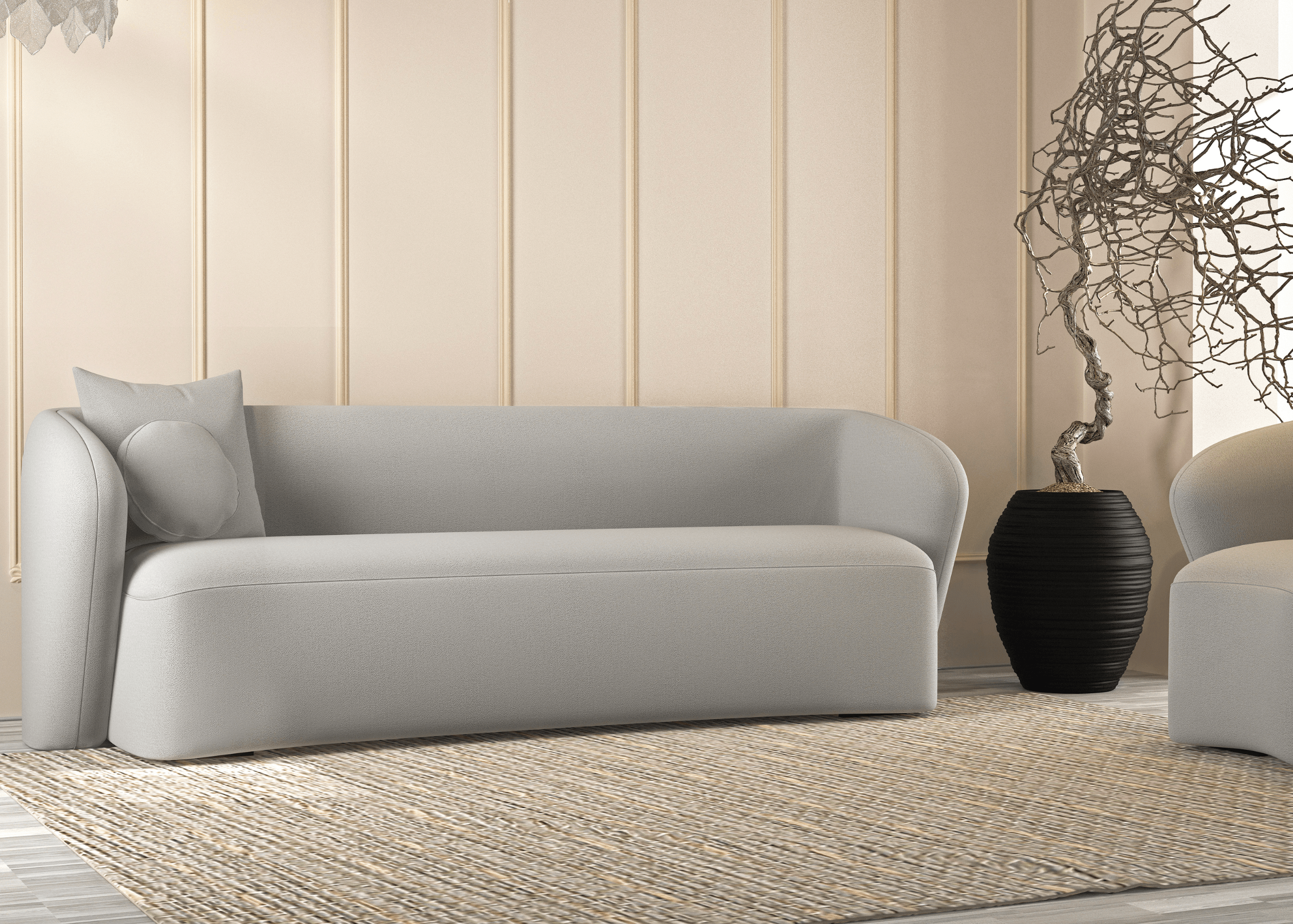 Sofá orgânico fixo com revestimento em tecido bouclé cinza, estrutura curva e design contemporâneo. Ideal para salas de estar modernas e elegantes, apresentado sobre fundo neutro.