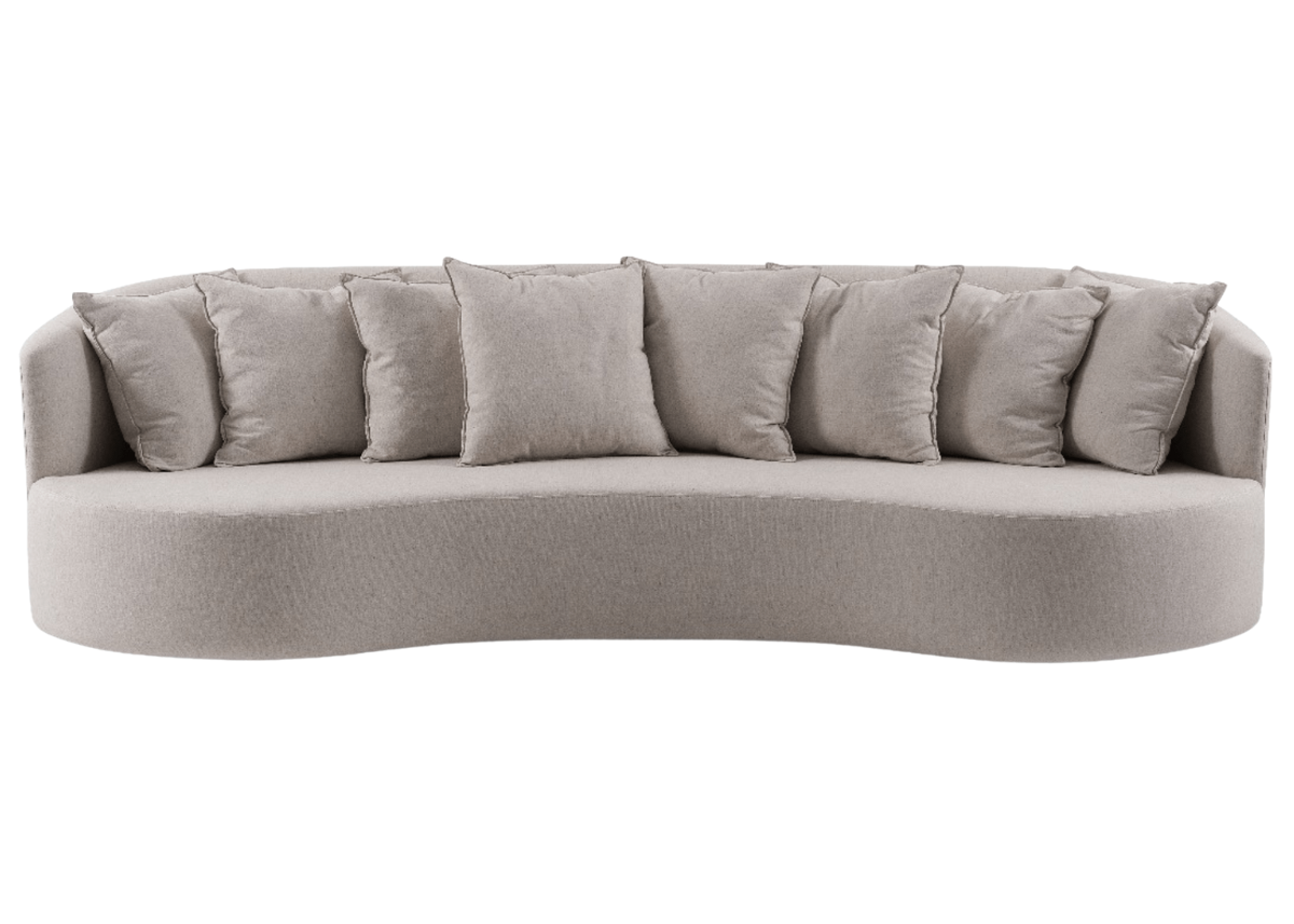 Sofá orgânico sofisticado modelo London Slim em tecido claro com curvas suaves e design elegante, vista frontal sobre fundo neutro. Móvel contemporâneo ideal para compor ambientes refinados.