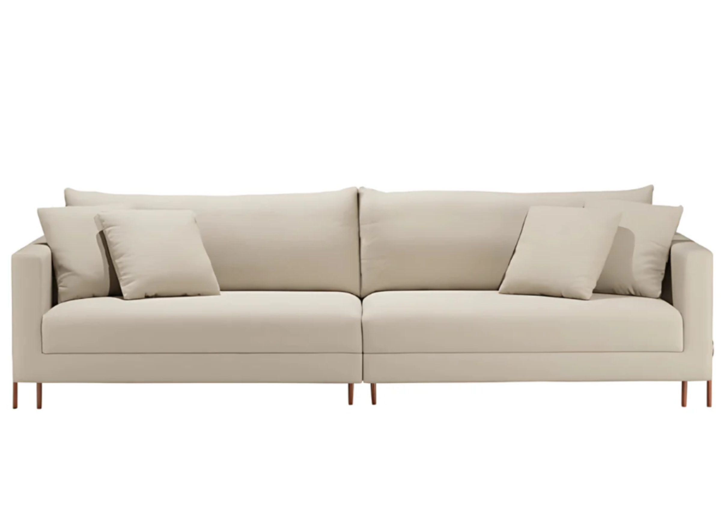 Sofá Paola com design moderno e sofisticado, acompanhado de almofadas decorativas, ideal para compor ambientes elegantes e acolhedores.